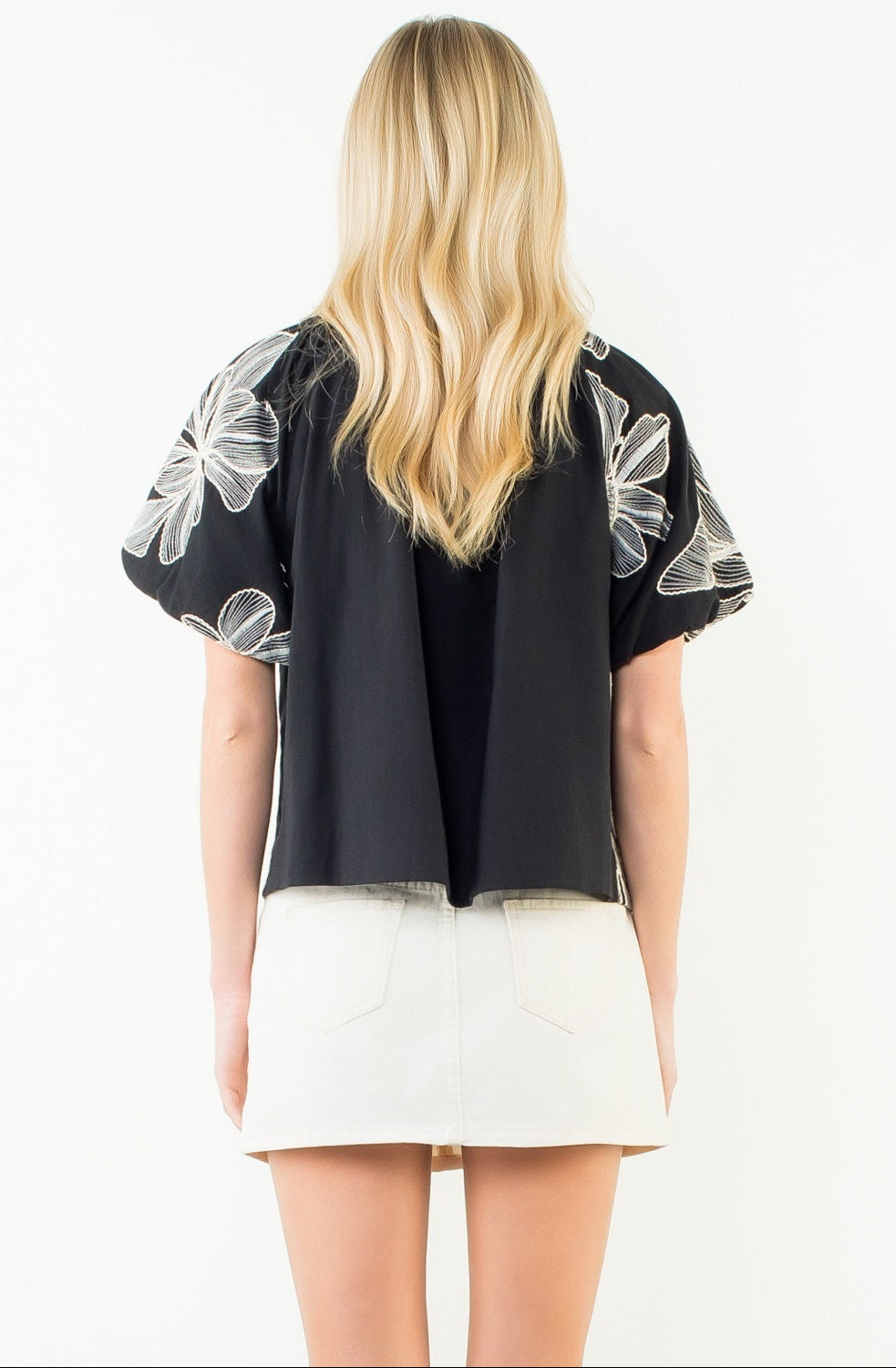 THML Puff Sleeve floral embroidery detail top