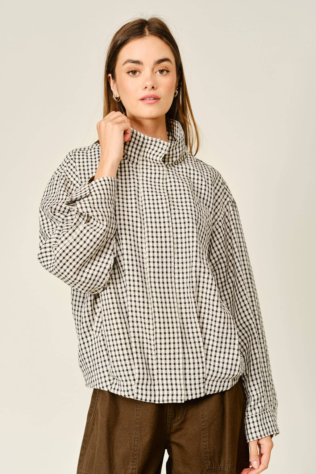 PLAID FUNNEL NECK BOMBER JACKET