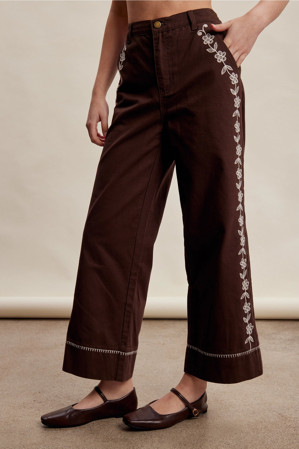 Embroidered Chocolate Wide Leg Pant