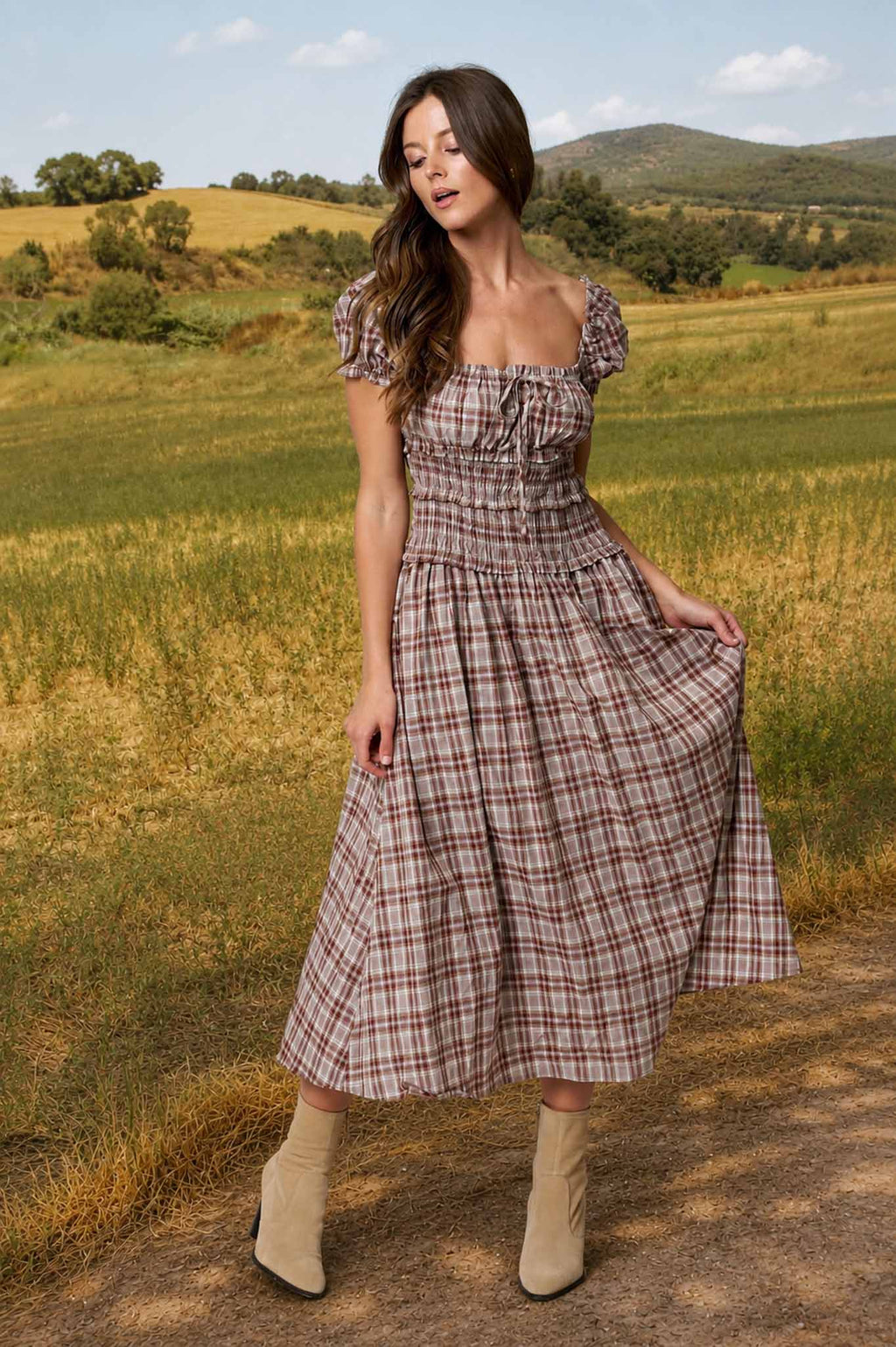 PLAID PUFF SLEEVE RUFFLED SMOCKED WAIST MIDI DRESS