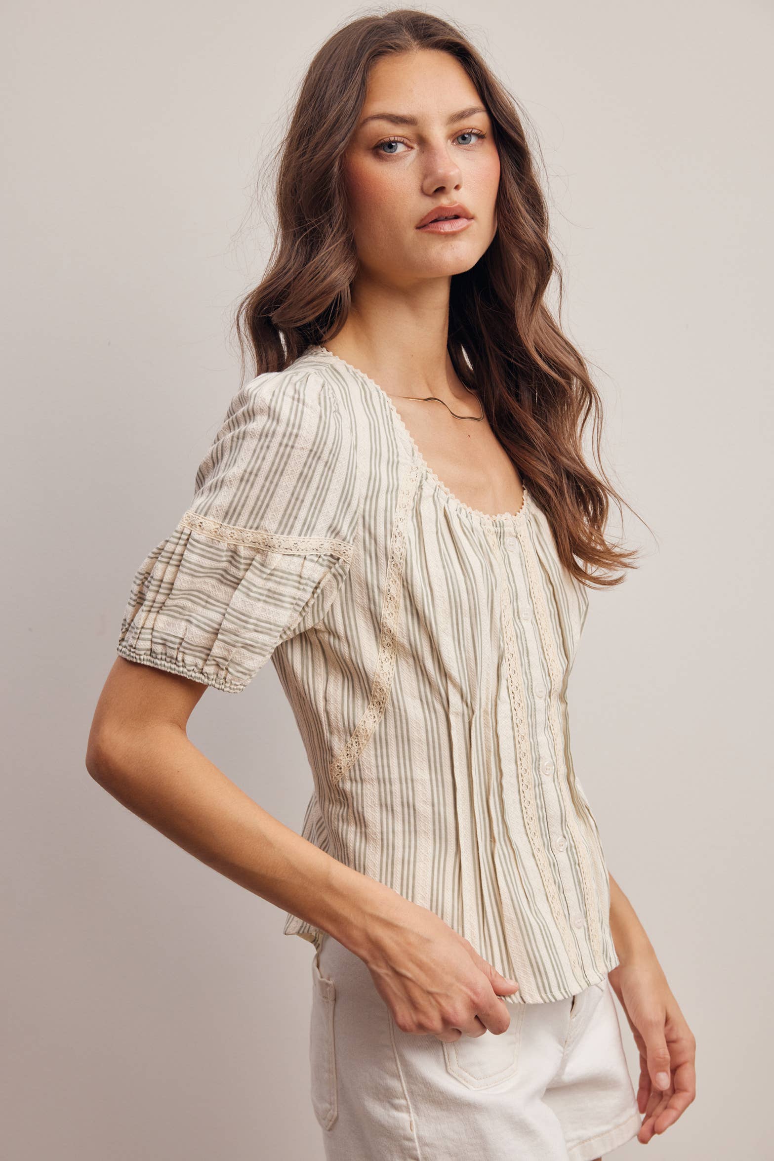 Striped Lace-Trim Puff Sleeve Blouse