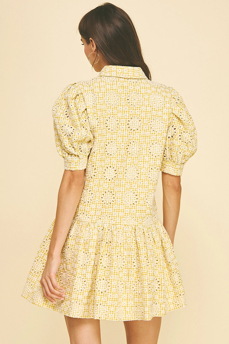 Pinch Gingham Eyelet Puff Sleeve Mini Dress