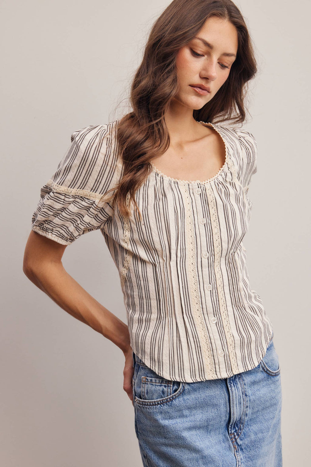Striped Lace-Trim Puff Sleeve Blouse