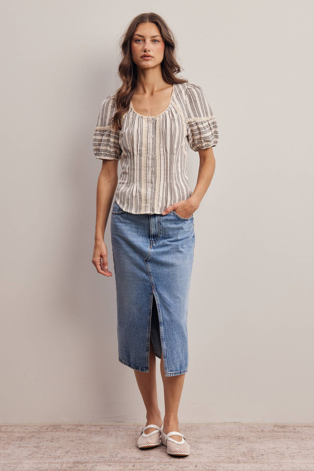 Striped Lace-Trim Puff Sleeve Blouse