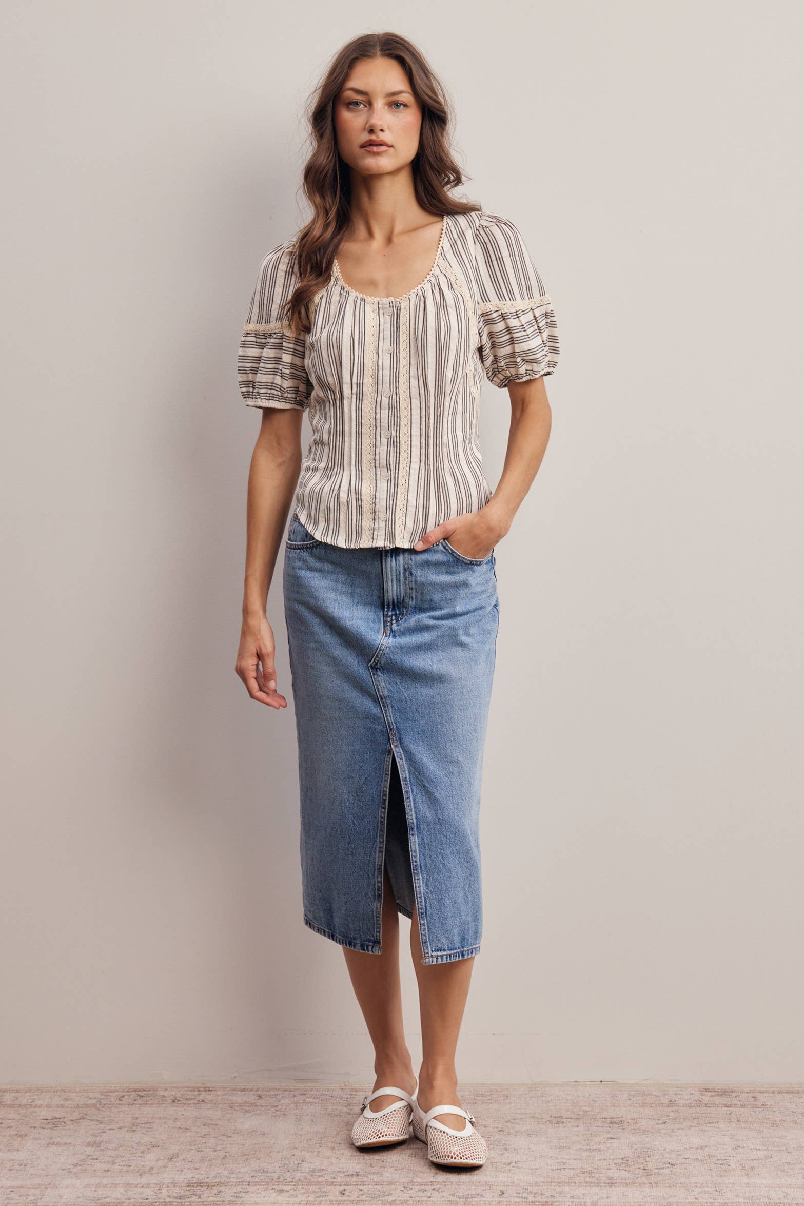 Striped Lace-Trim Puff Sleeve Blouse