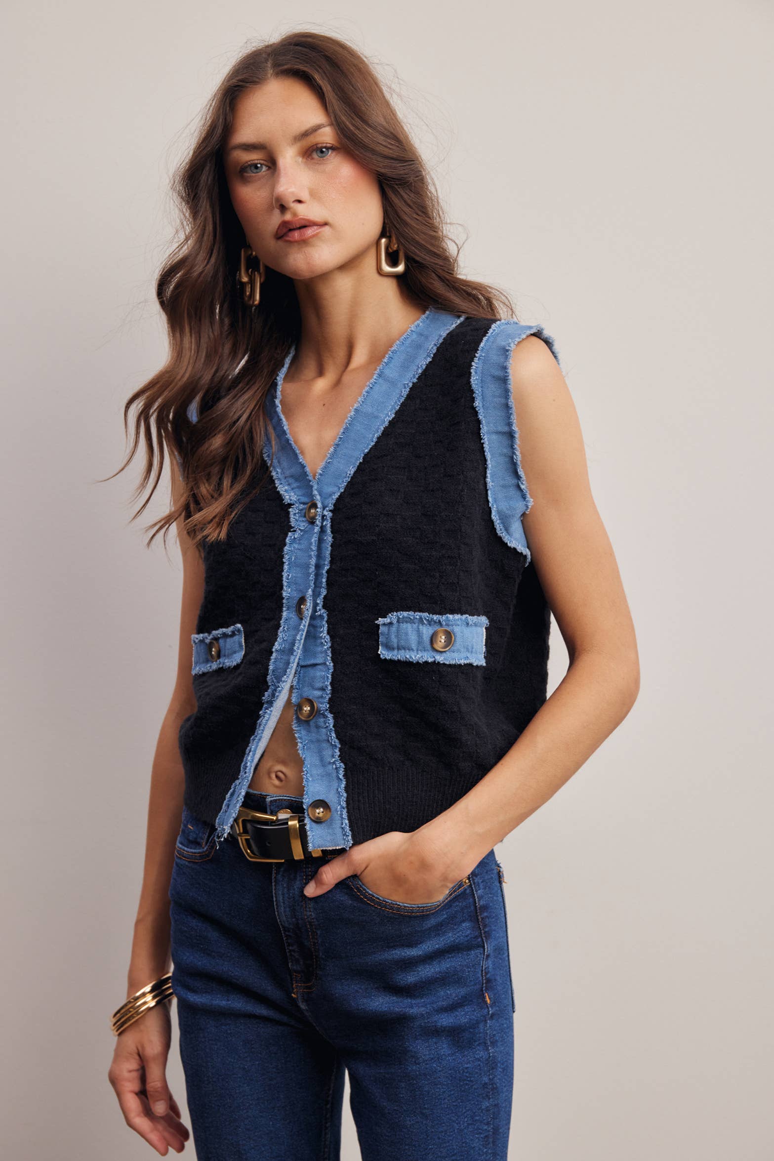 Denim Trim Knit Vest