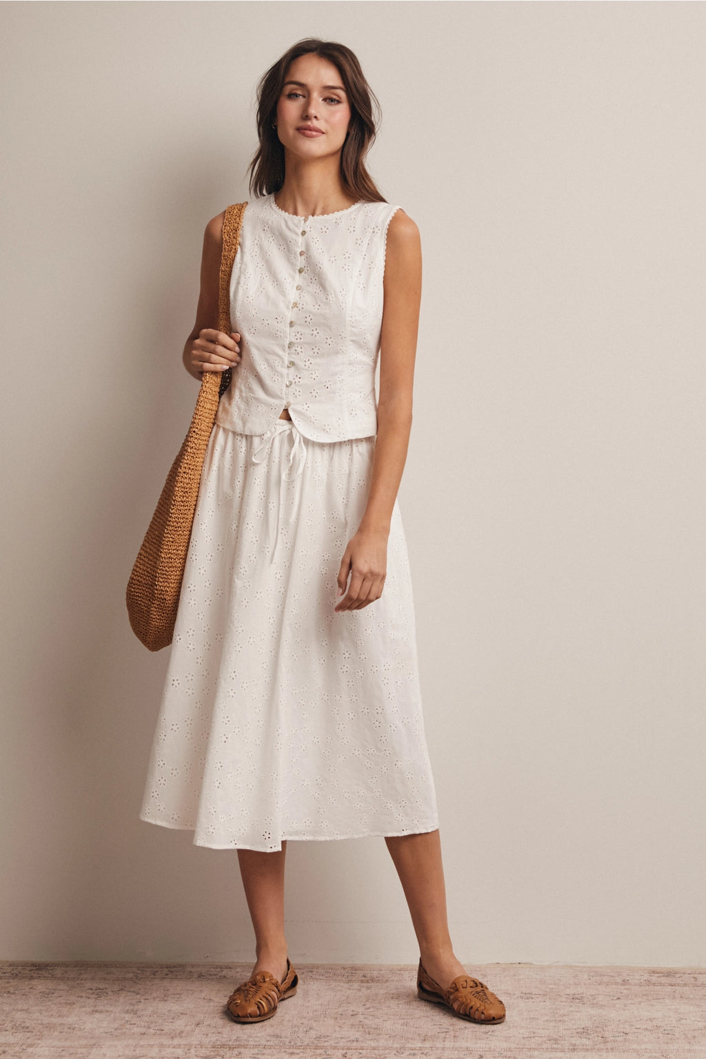 Drawstring Eyelet Midi Skirt