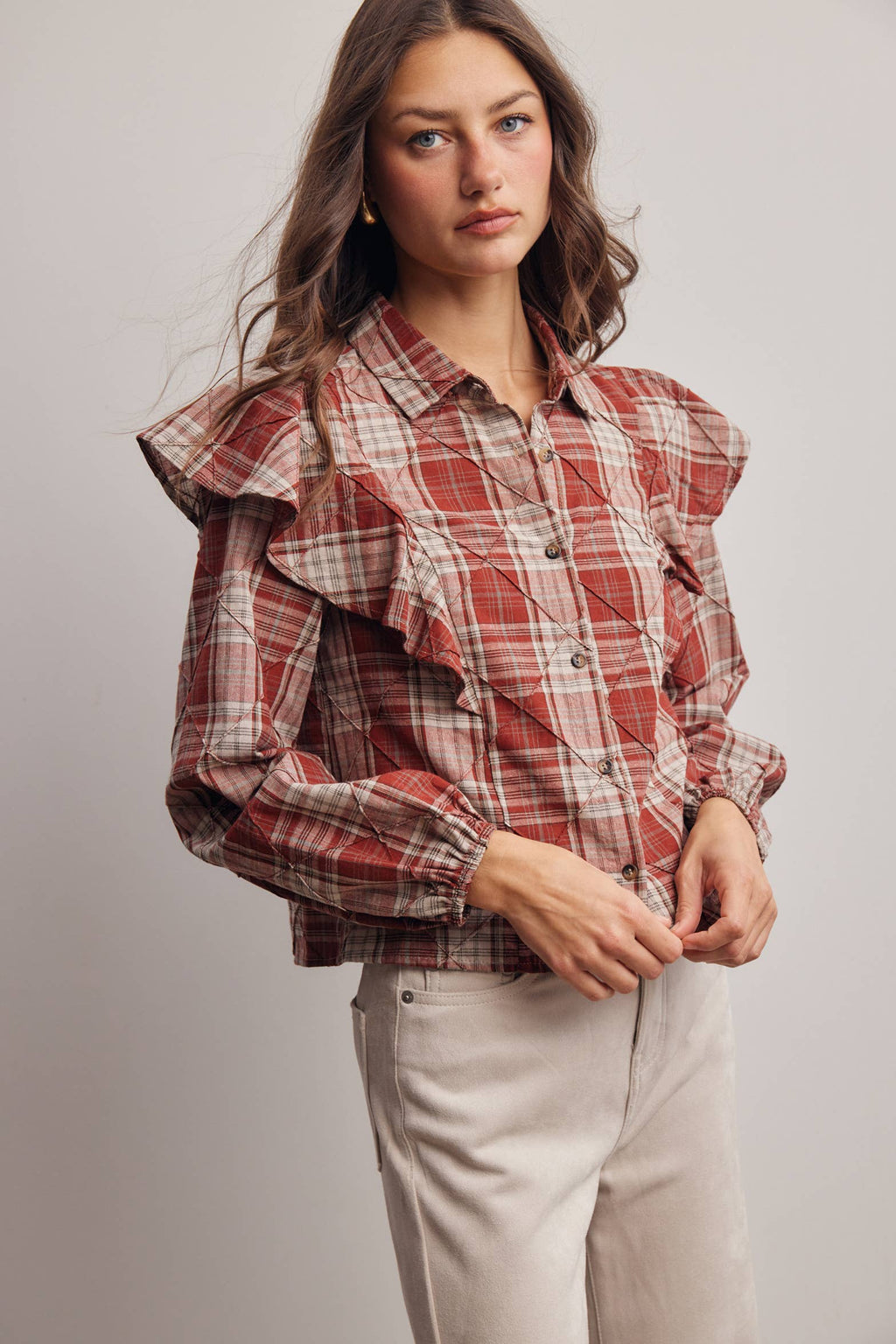Plaid Ruffle Quilted Blouse
