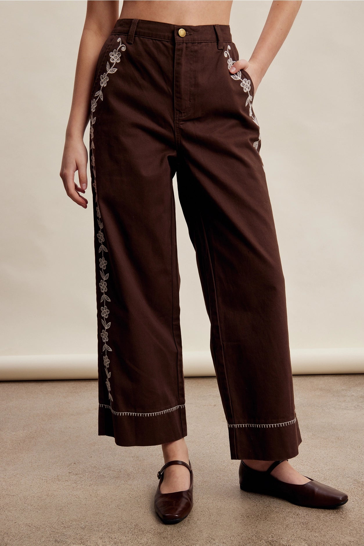 Embroidered Chocolate Wide Leg Pant