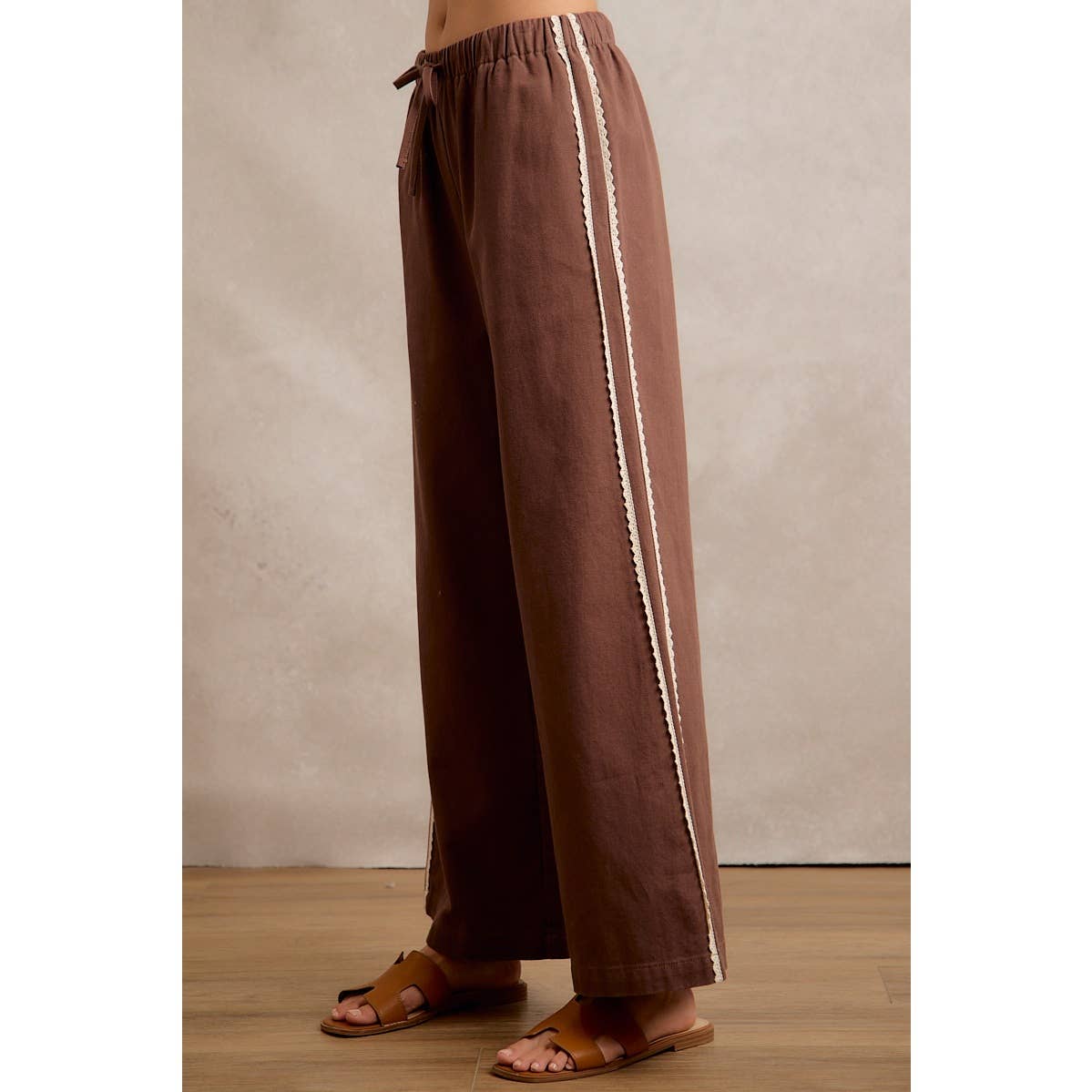 SIDE LACE TRIM COTTON DENIM WIDE LEG PULL ON PANTS