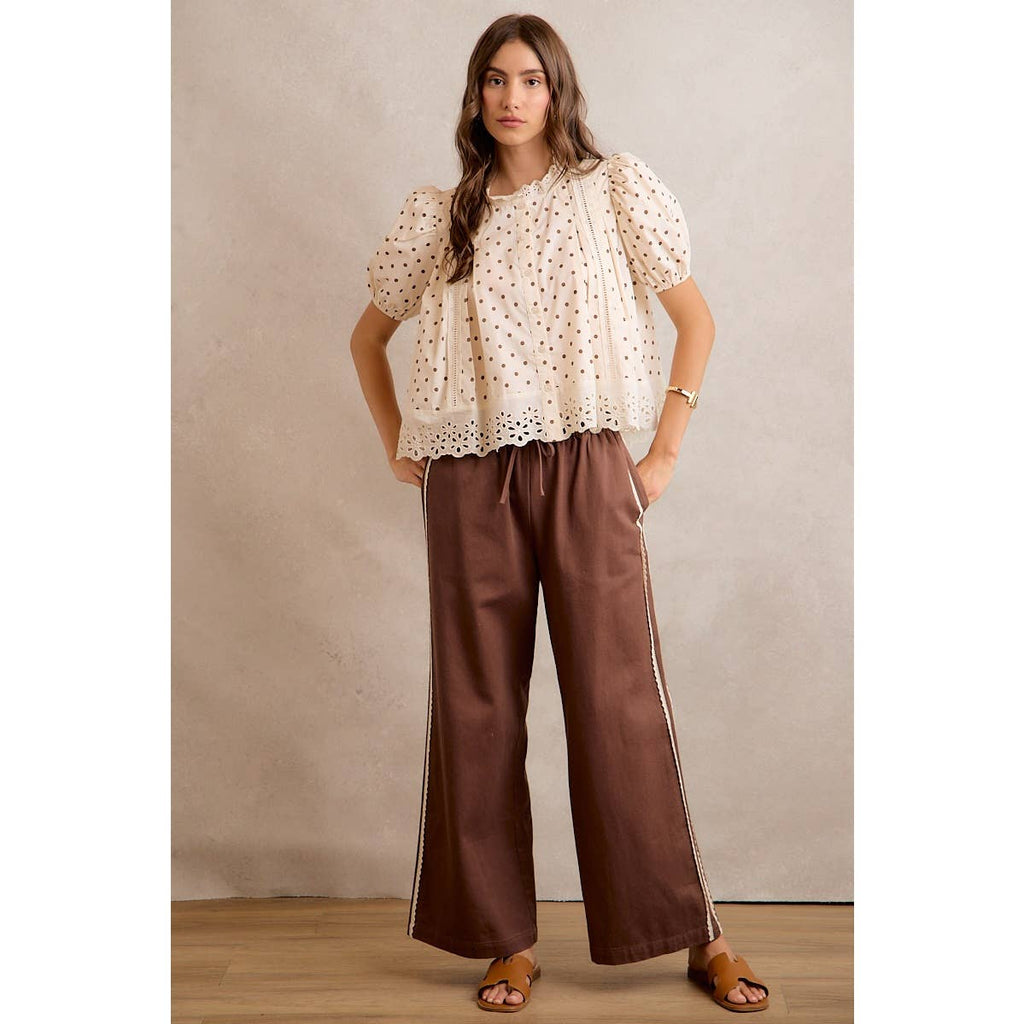SIDE LACE TRIM COTTON DENIM WIDE LEG PULL ON PANTS