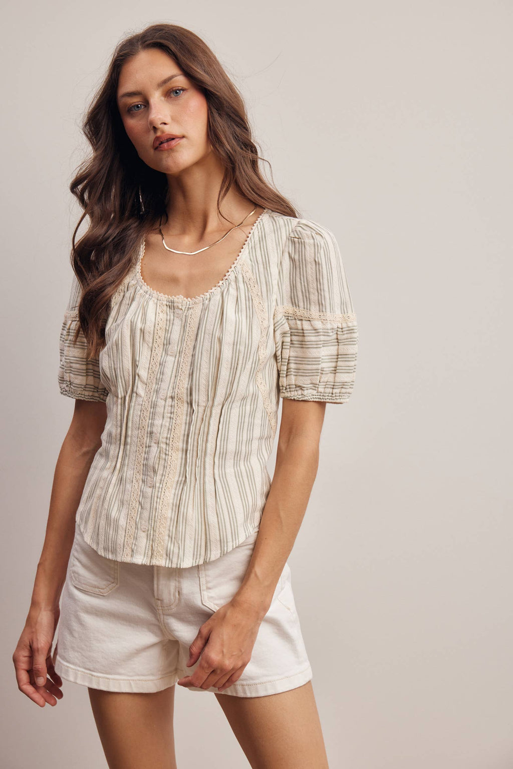 Striped Lace-Trim Puff Sleeve Blouse