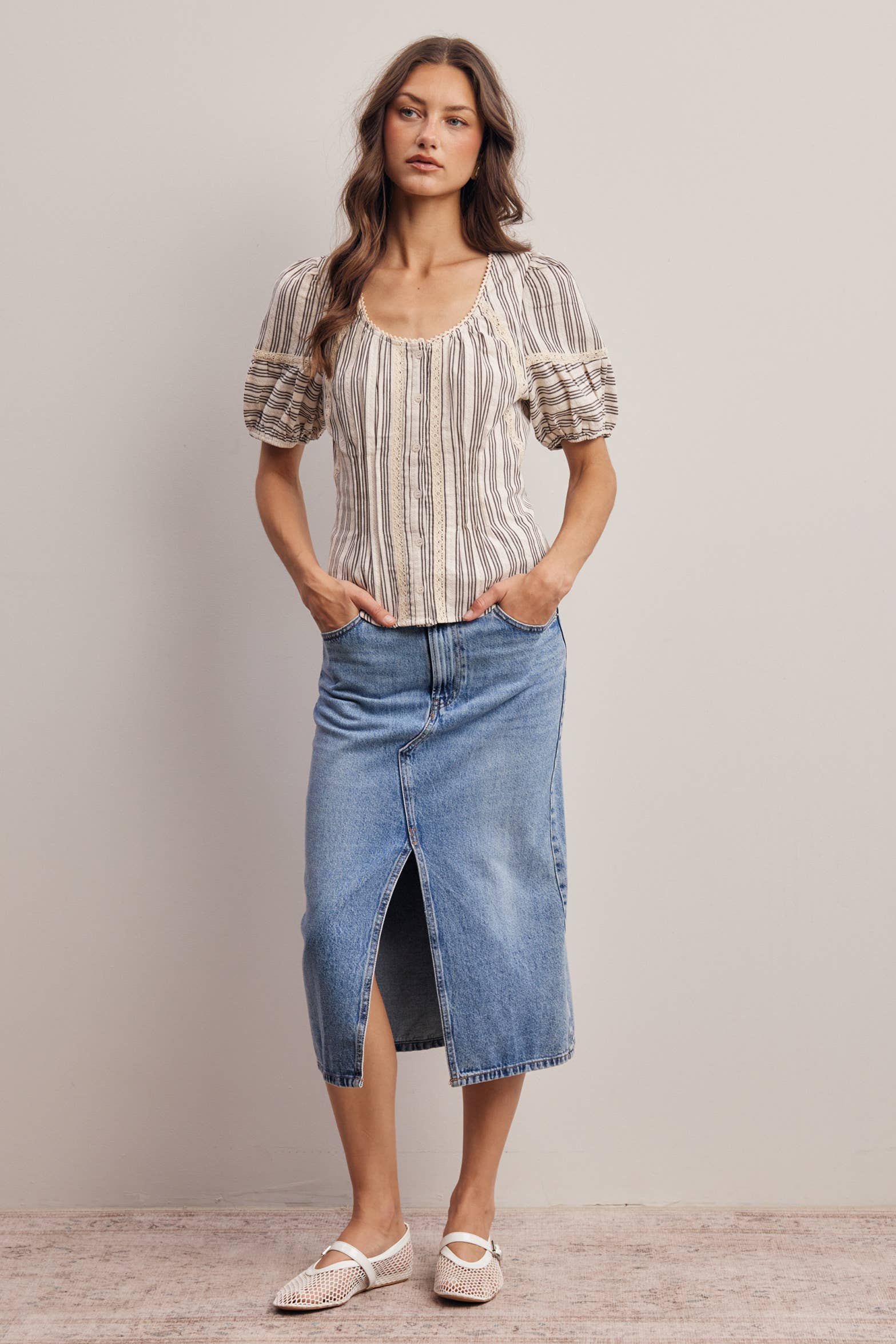 Striped Lace-Trim Puff Sleeve Blouse