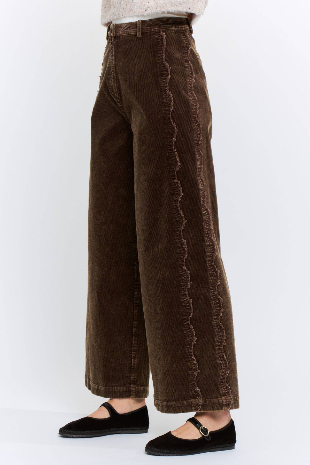 Wide-Leg Corduroy High-Rise Scalloped Trousers