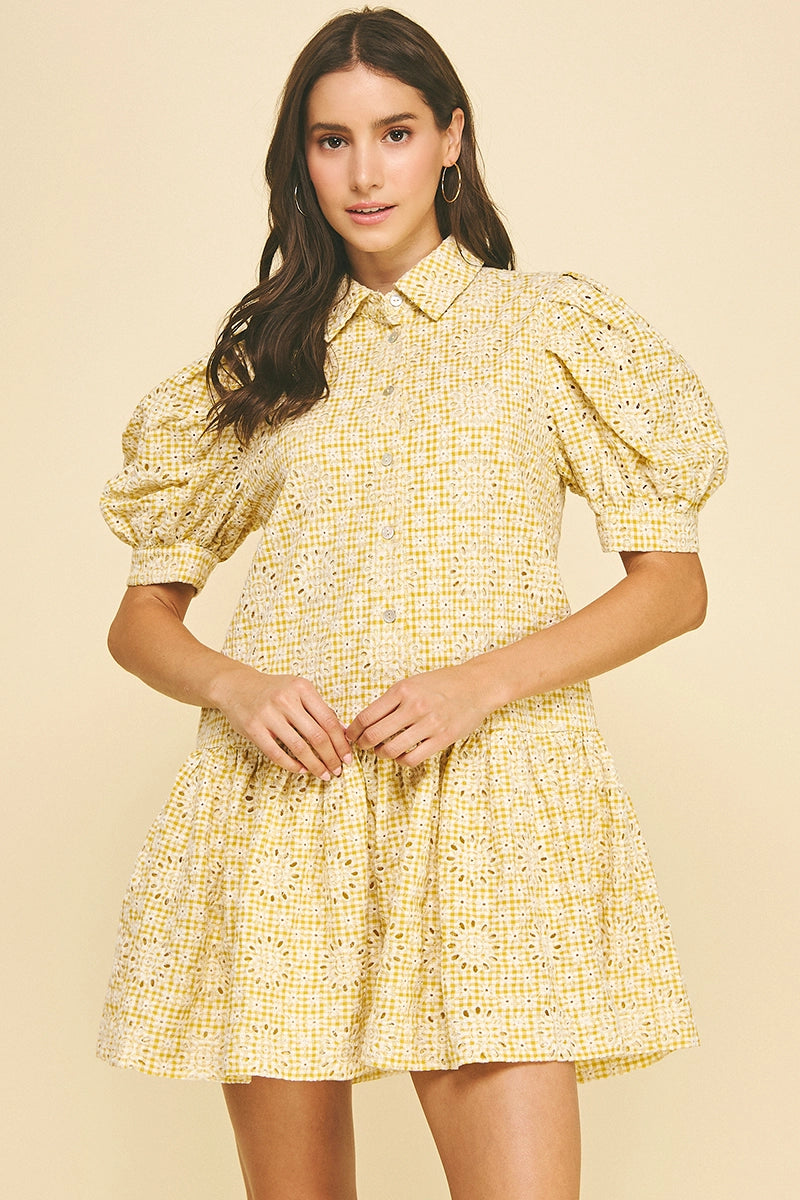 Pinch Gingham Eyelet Puff Sleeve Mini Dress