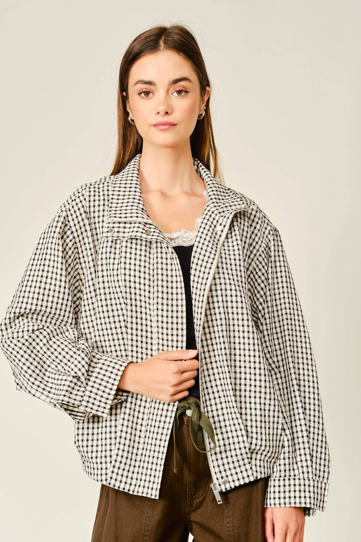 PLAID FUNNEL NECK BOMBER JACKET