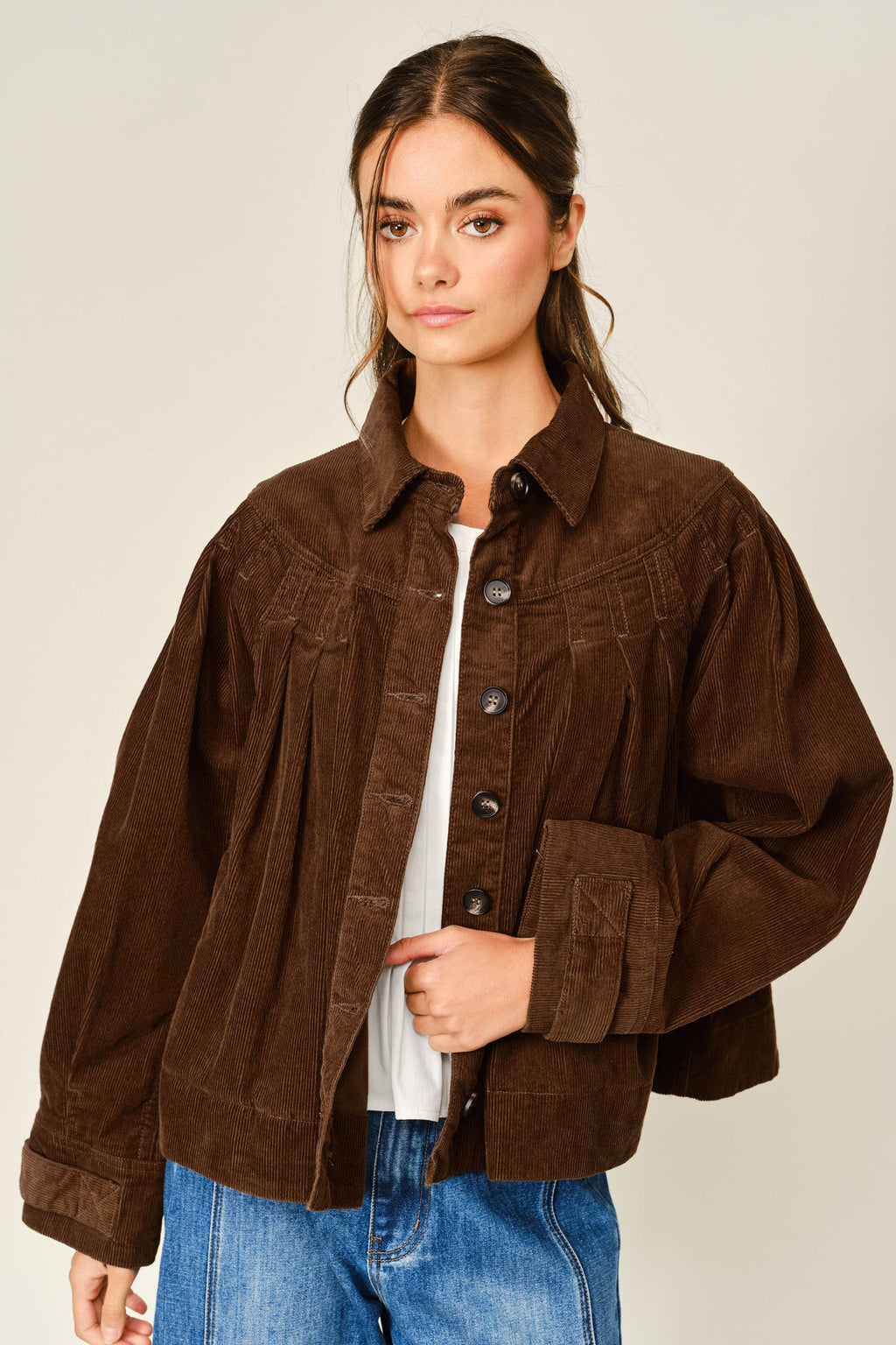 COZY CORDUROY PLEATED SHIRT JACKET
