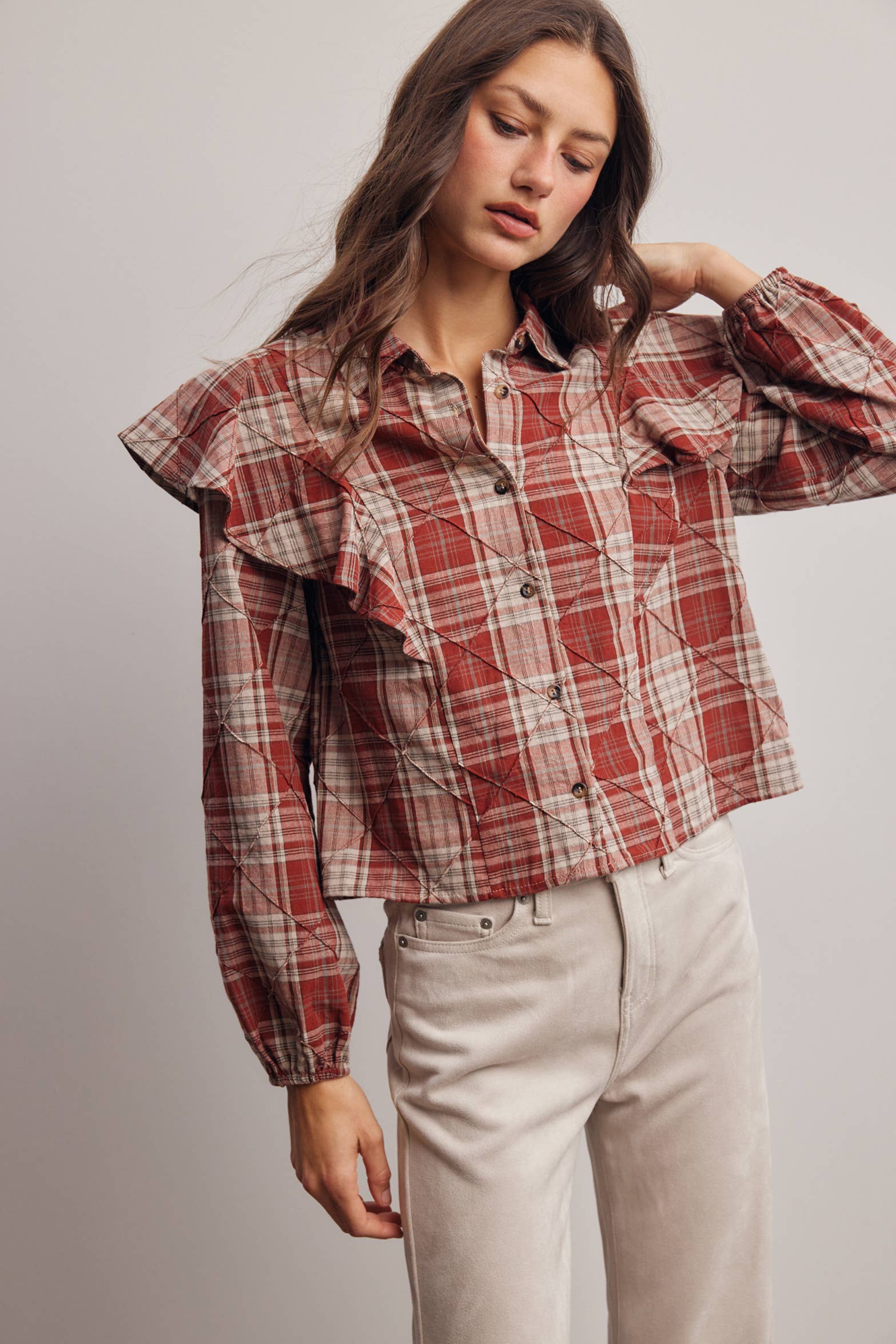 Plaid Ruffle Quilted Blouse