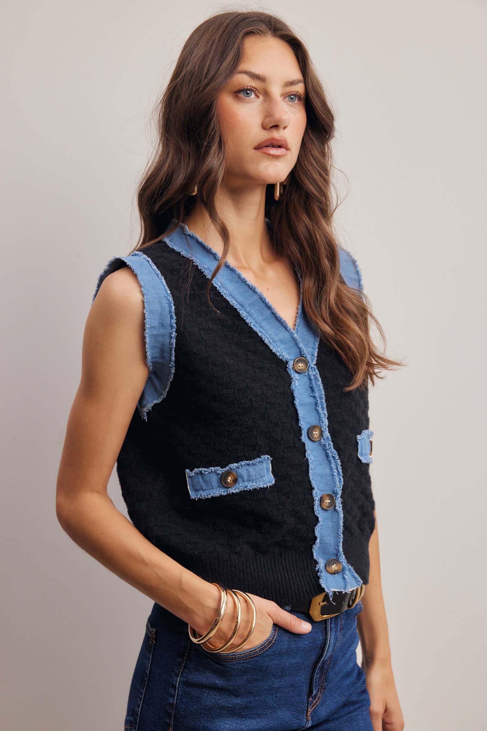 Denim Trim Knit Vest