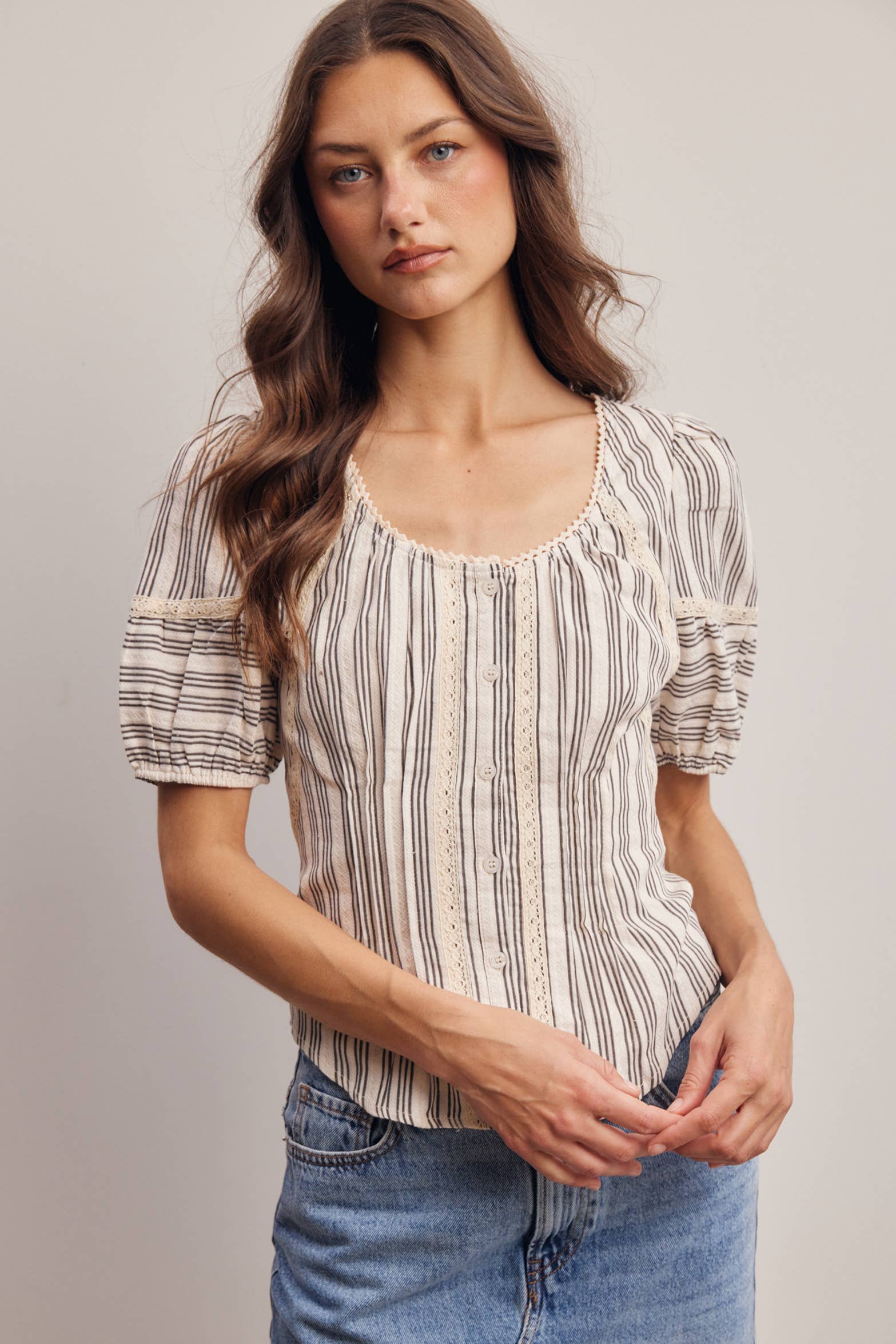 Striped Lace-Trim Puff Sleeve Blouse