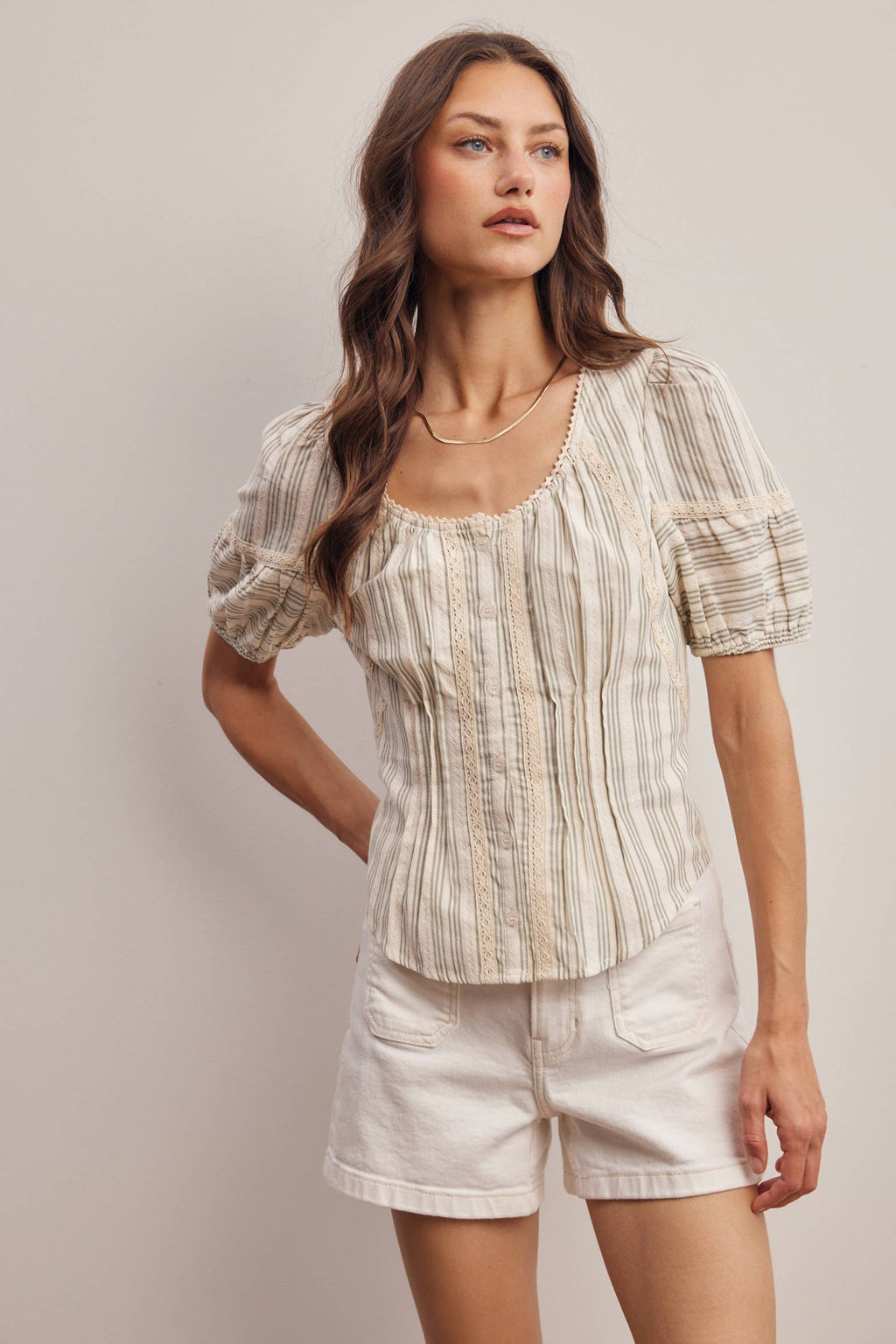 Striped Lace-Trim Puff Sleeve Blouse