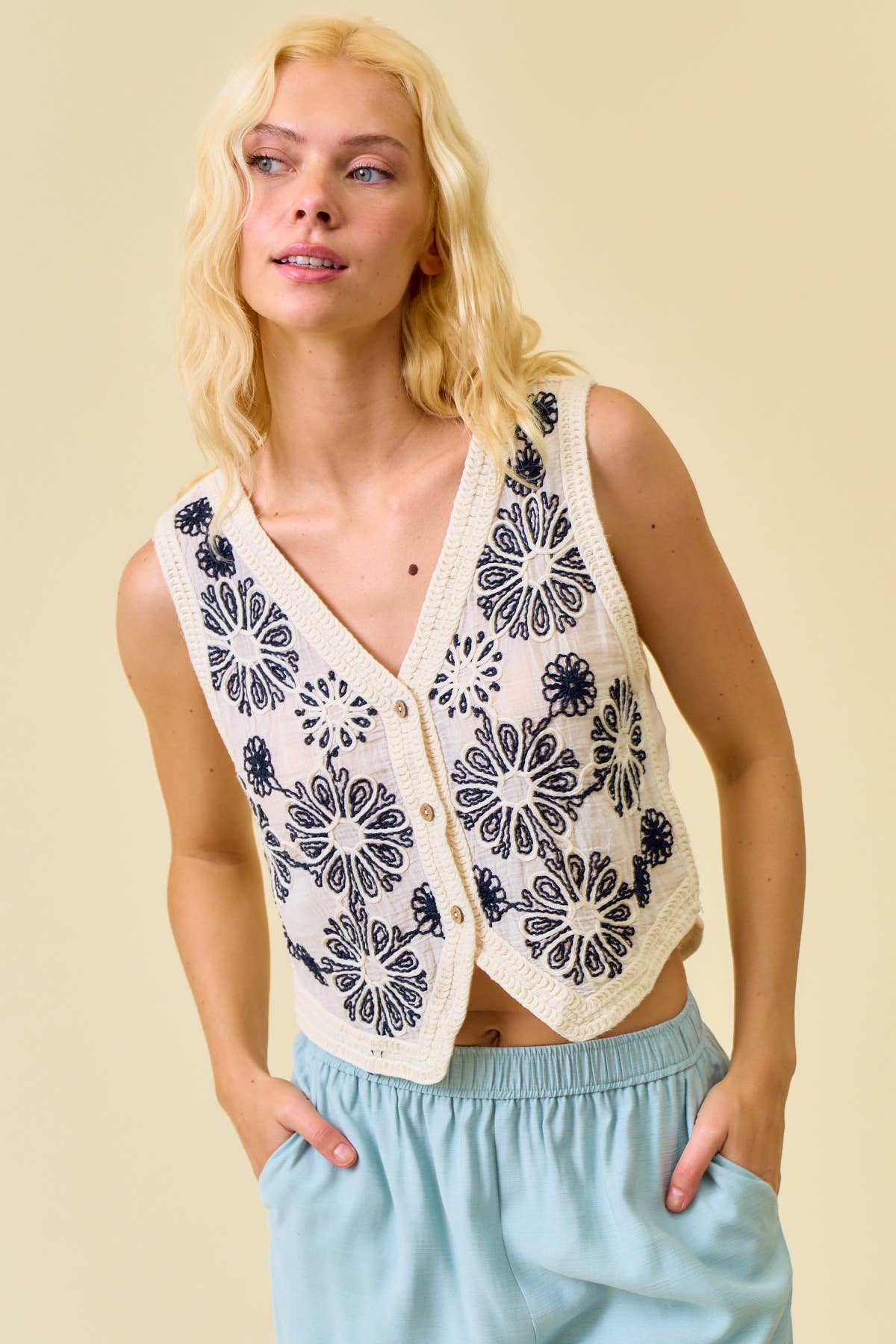 FLORAL EMBROIDERED V-NECK CROCHET DETAIL VEST