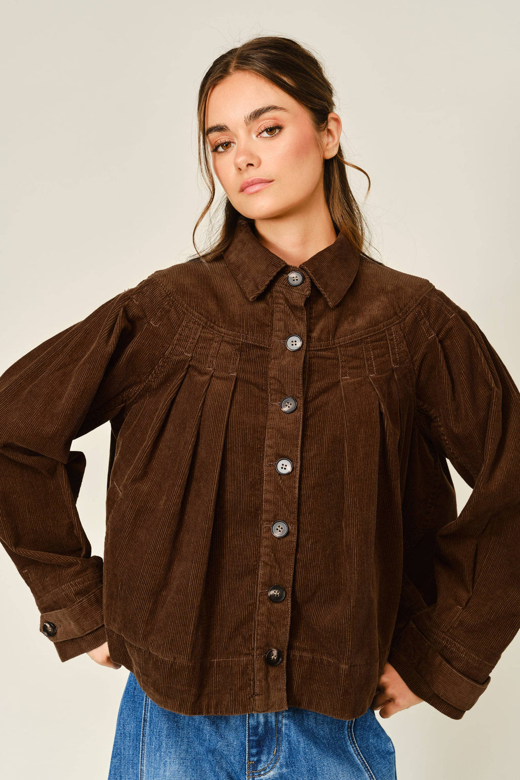 COZY CORDUROY PLEATED SHIRT JACKET