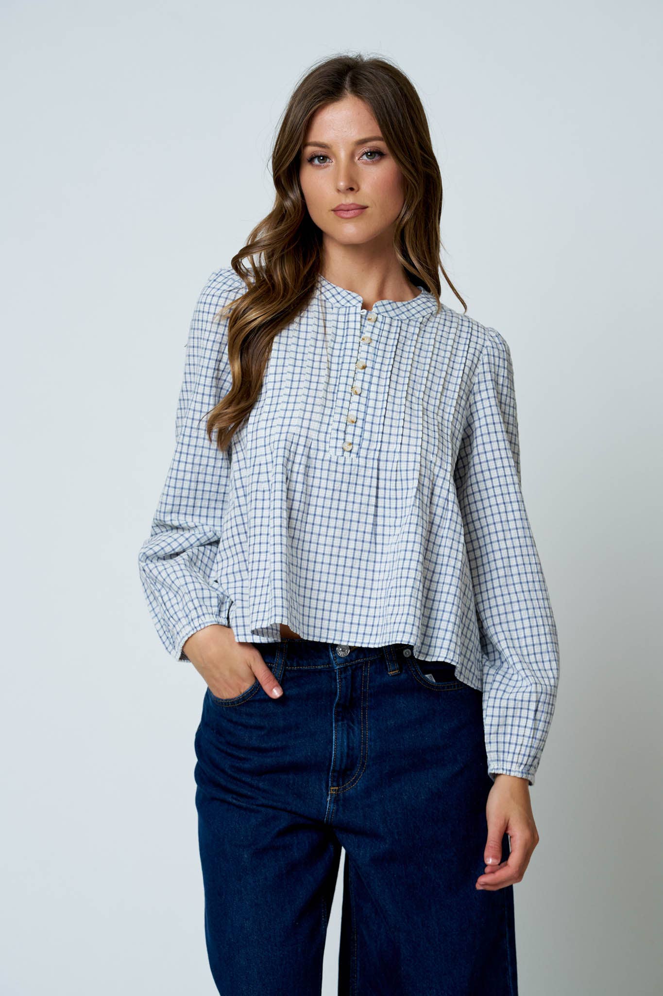PLAID PINTUCK DETAIL HENLEY LONG SLEEVE TOP
