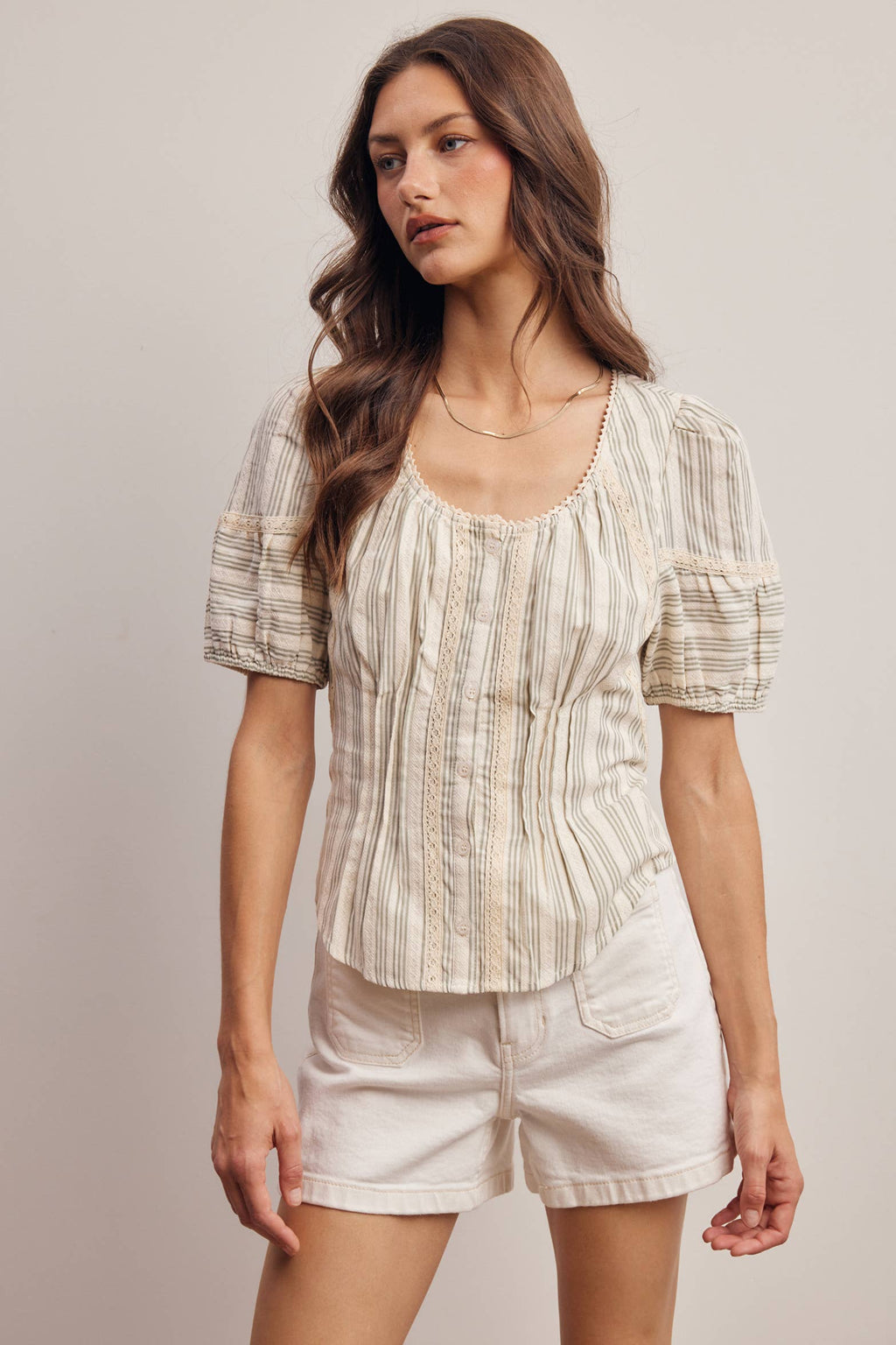 Striped Lace-Trim Puff Sleeve Blouse