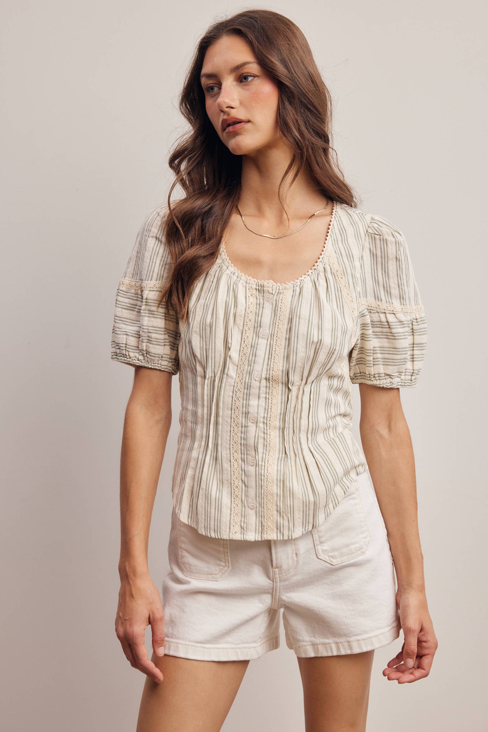 Striped Lace-Trim Puff Sleeve Blouse