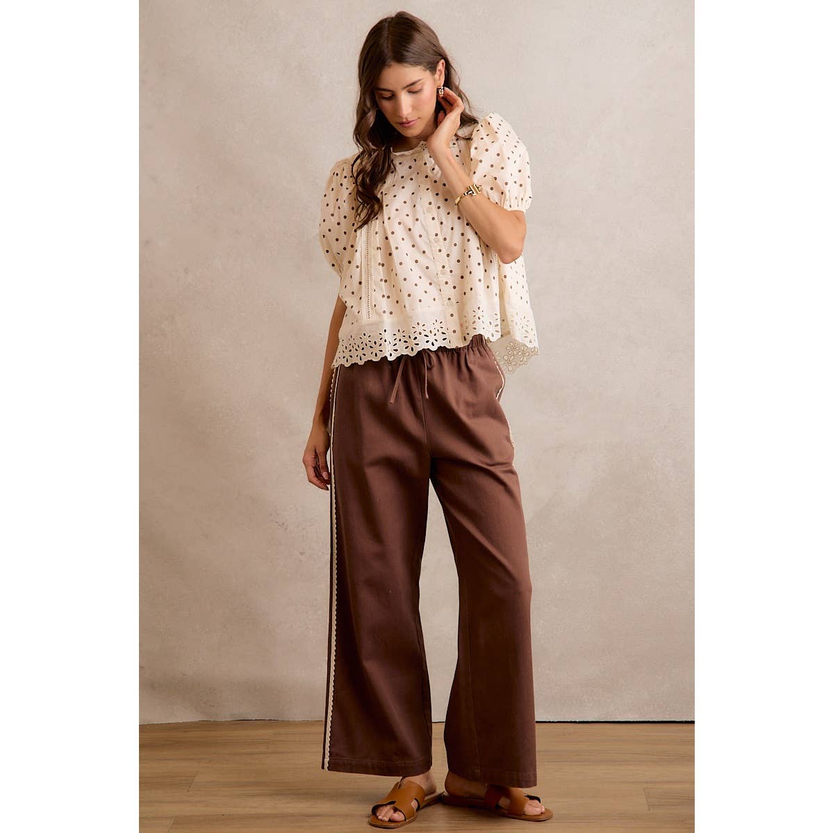 SIDE LACE TRIM COTTON DENIM WIDE LEG PULL ON PANTS