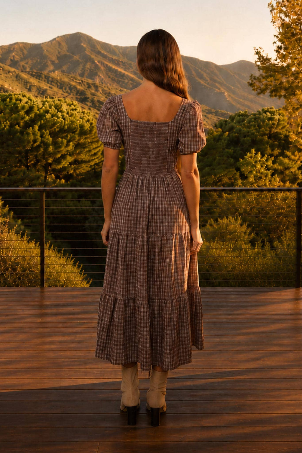 PLAID PUFF SLEEVE TIERED MIDI DRESS