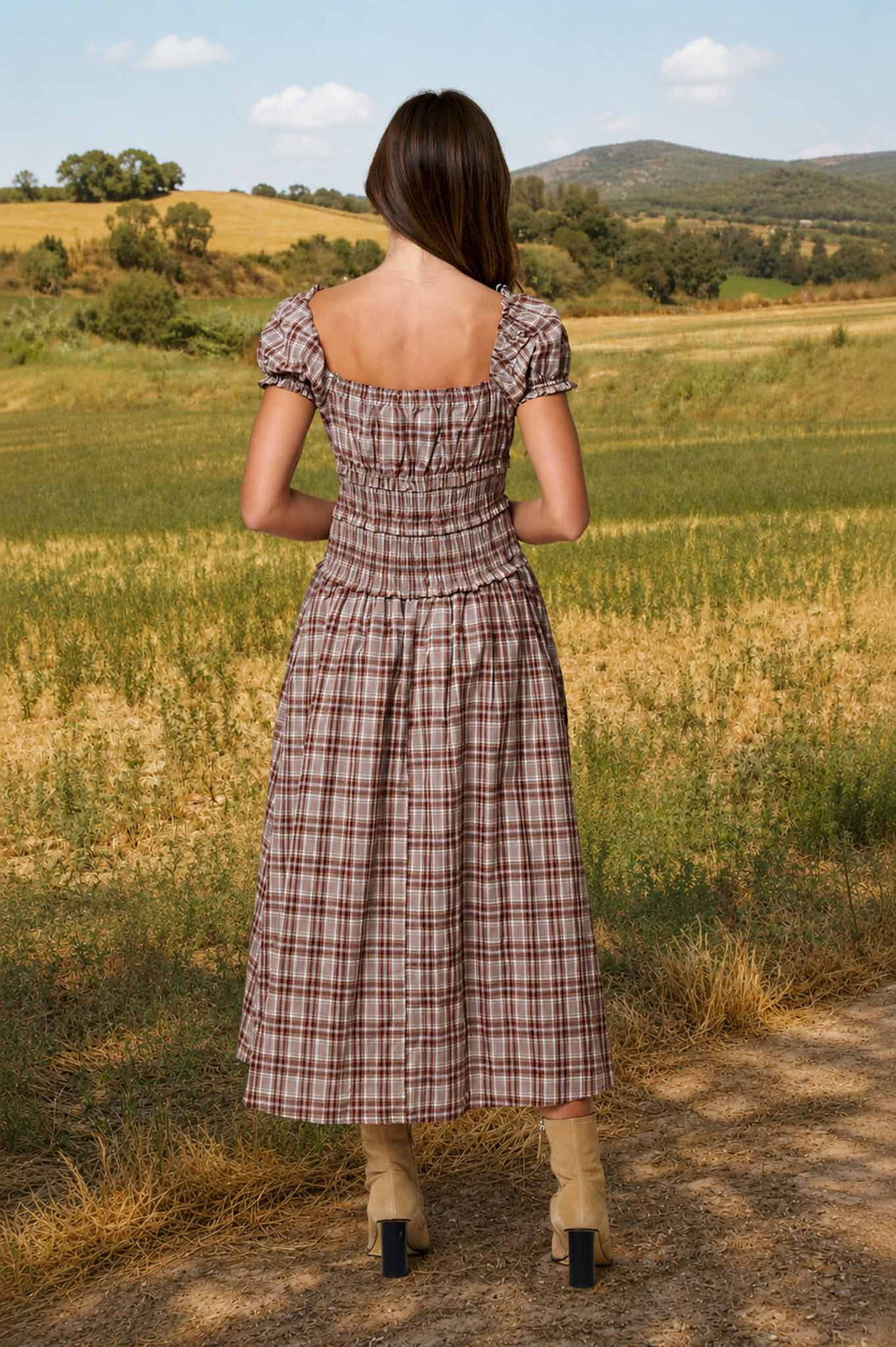PLAID PUFF SLEEVE RUFFLED SMOCKED WAIST MIDI DRESS