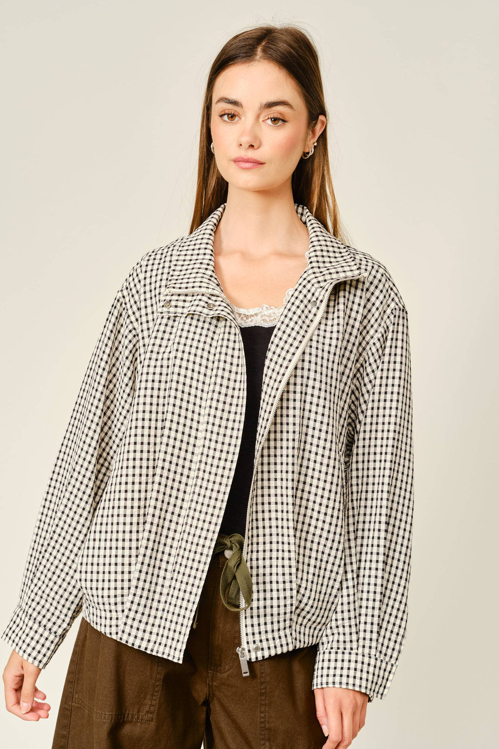 PLAID FUNNEL NECK BOMBER JACKET