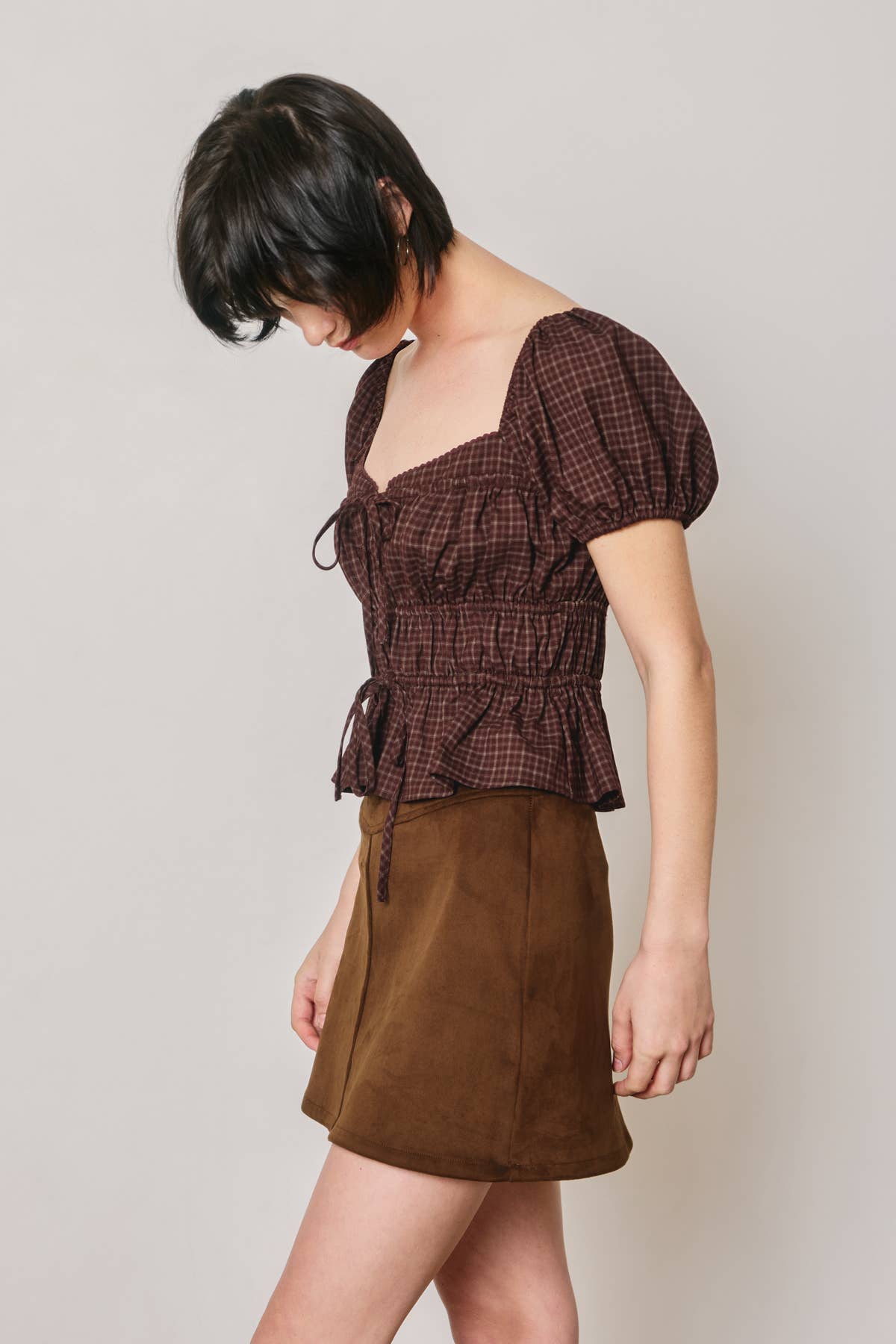 Plaid Puff Sleeve Peplum Top