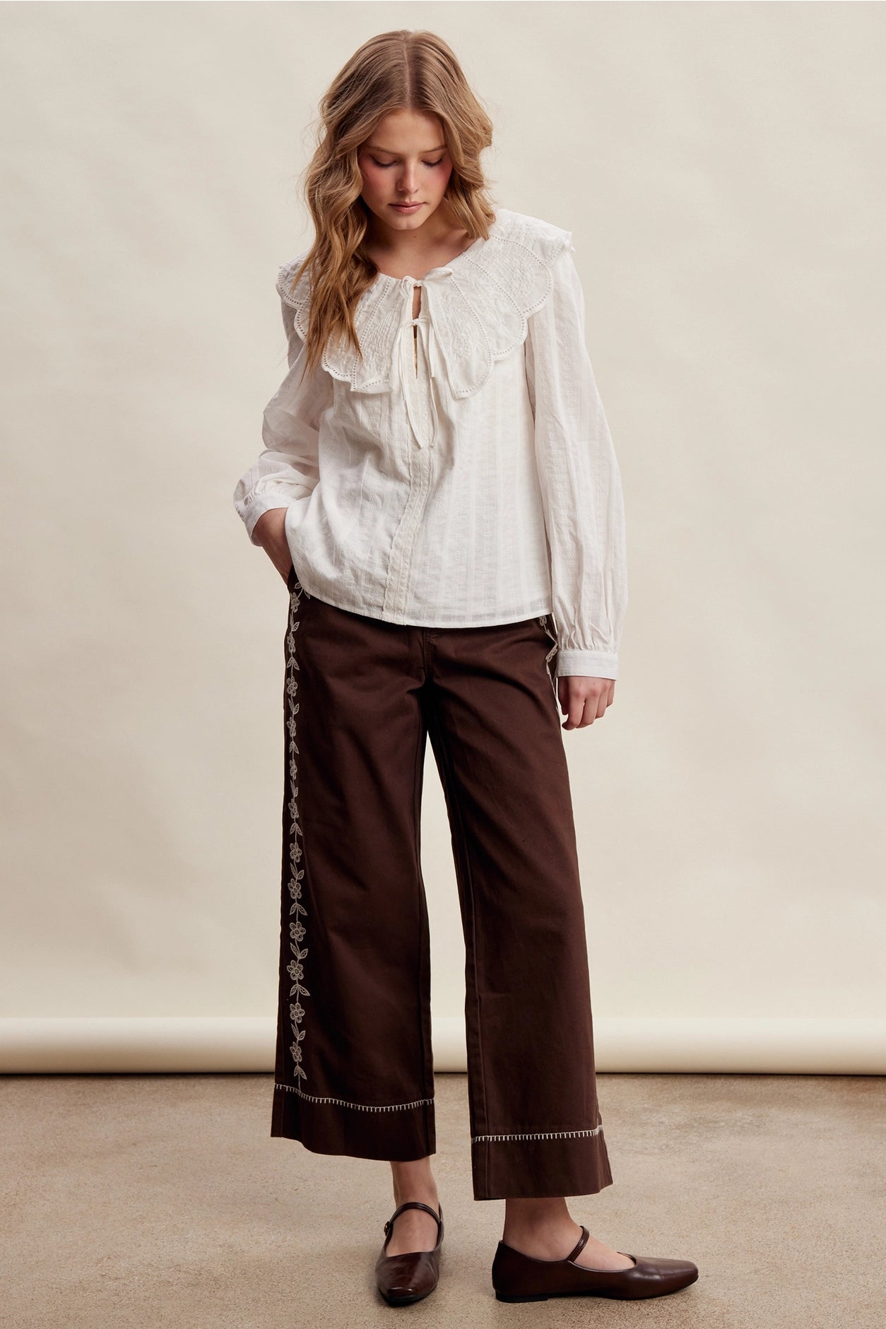 Embroidered Chocolate Wide Leg Pant