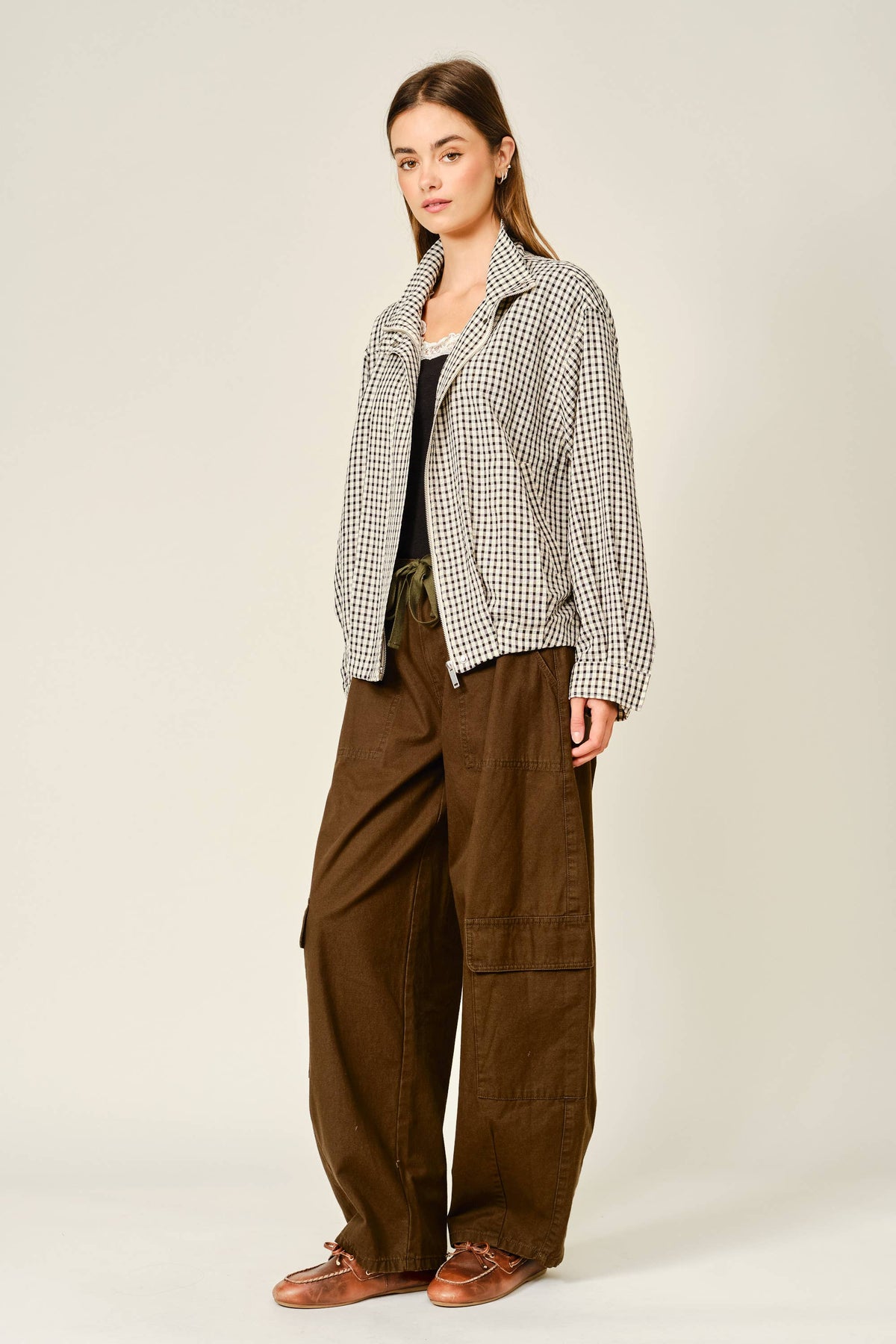 PLAID FUNNEL NECK BOMBER JACKET