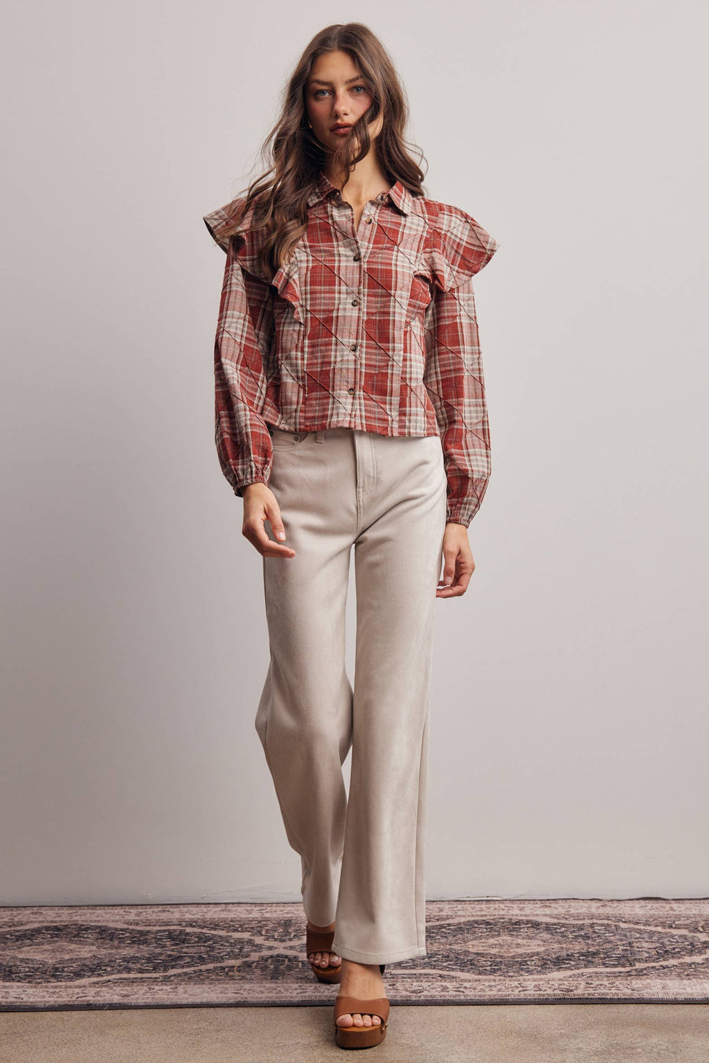 Plaid Ruffle Quilted Blouse