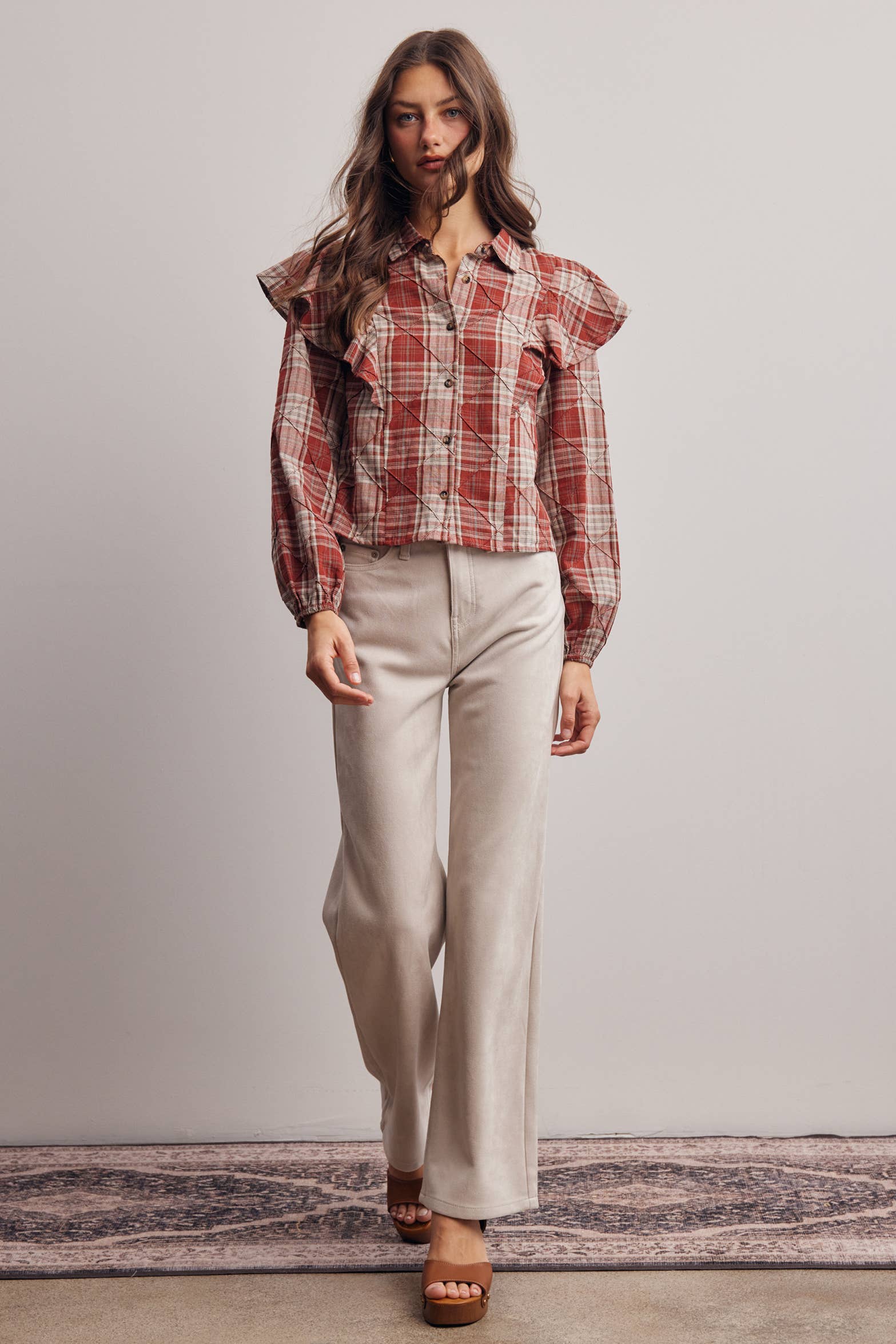 Plaid Ruffle Quilted Blouse