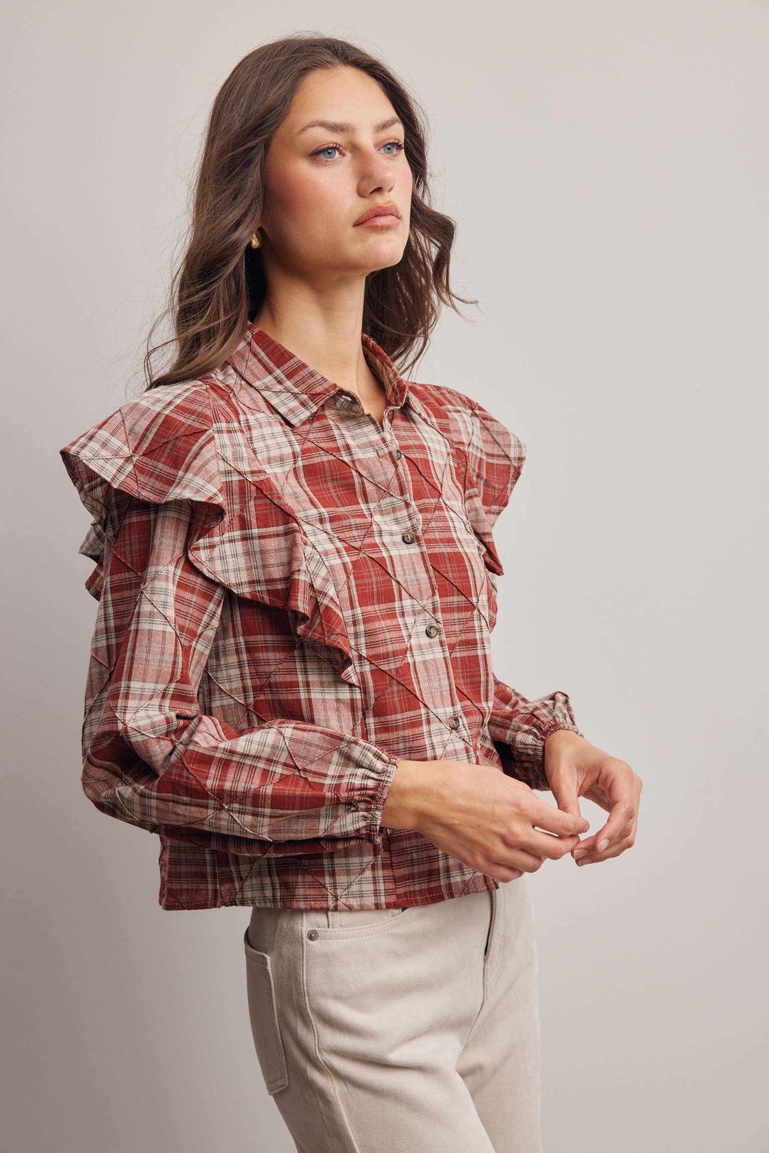 Plaid Ruffle Quilted Blouse