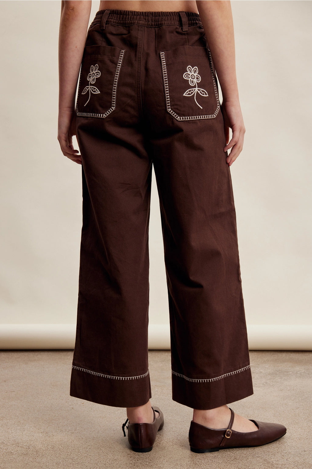 Embroidered Chocolate Wide Leg Pant