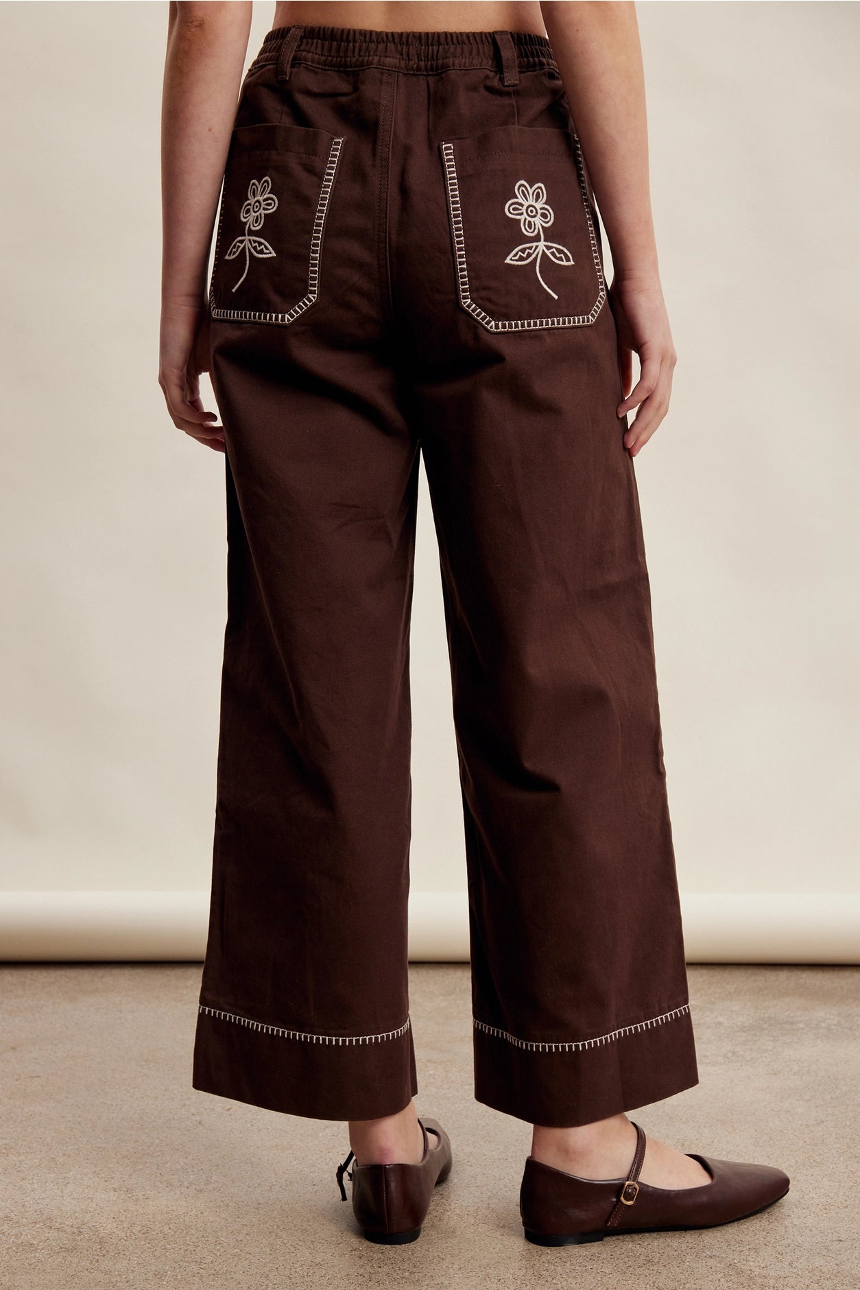 Embroidered Chocolate Wide Leg Pant