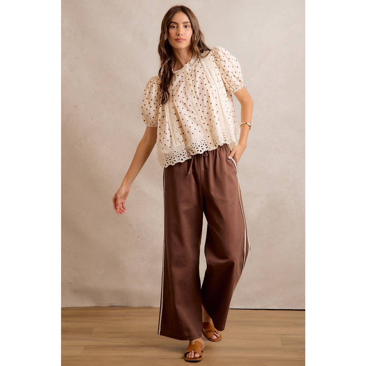 SIDE LACE TRIM COTTON DENIM WIDE LEG PULL ON PANTS