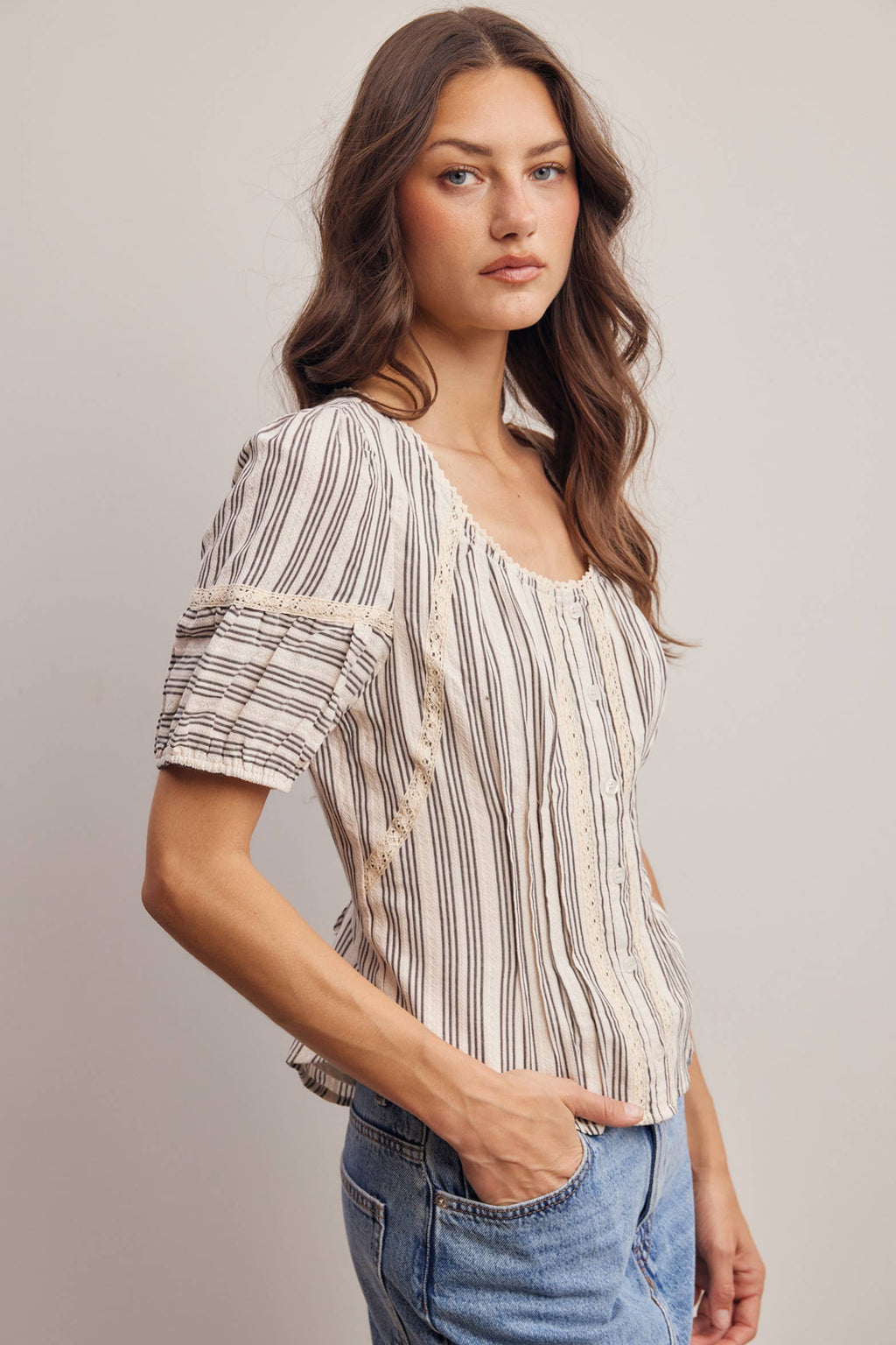 Striped Lace-Trim Puff Sleeve Blouse