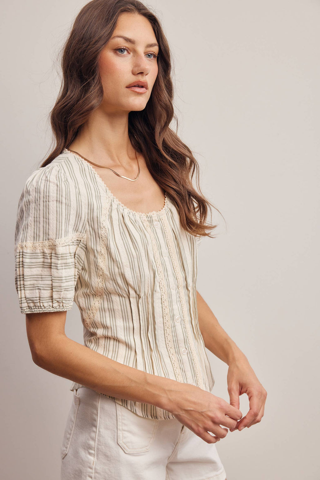 Striped Lace-Trim Puff Sleeve Blouse