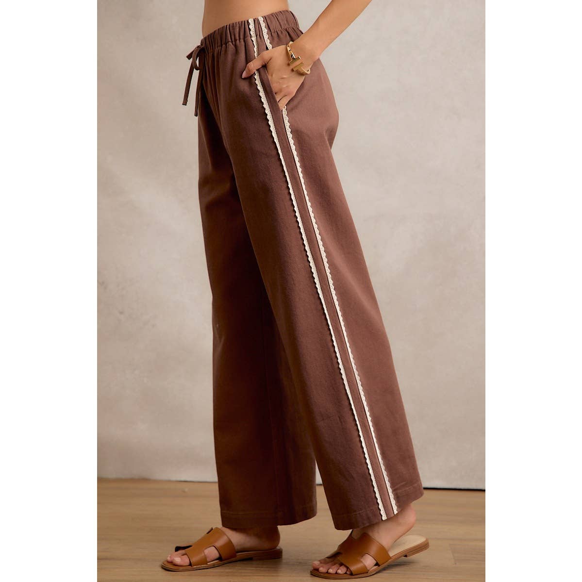 SIDE LACE TRIM COTTON DENIM WIDE LEG PULL ON PANTS