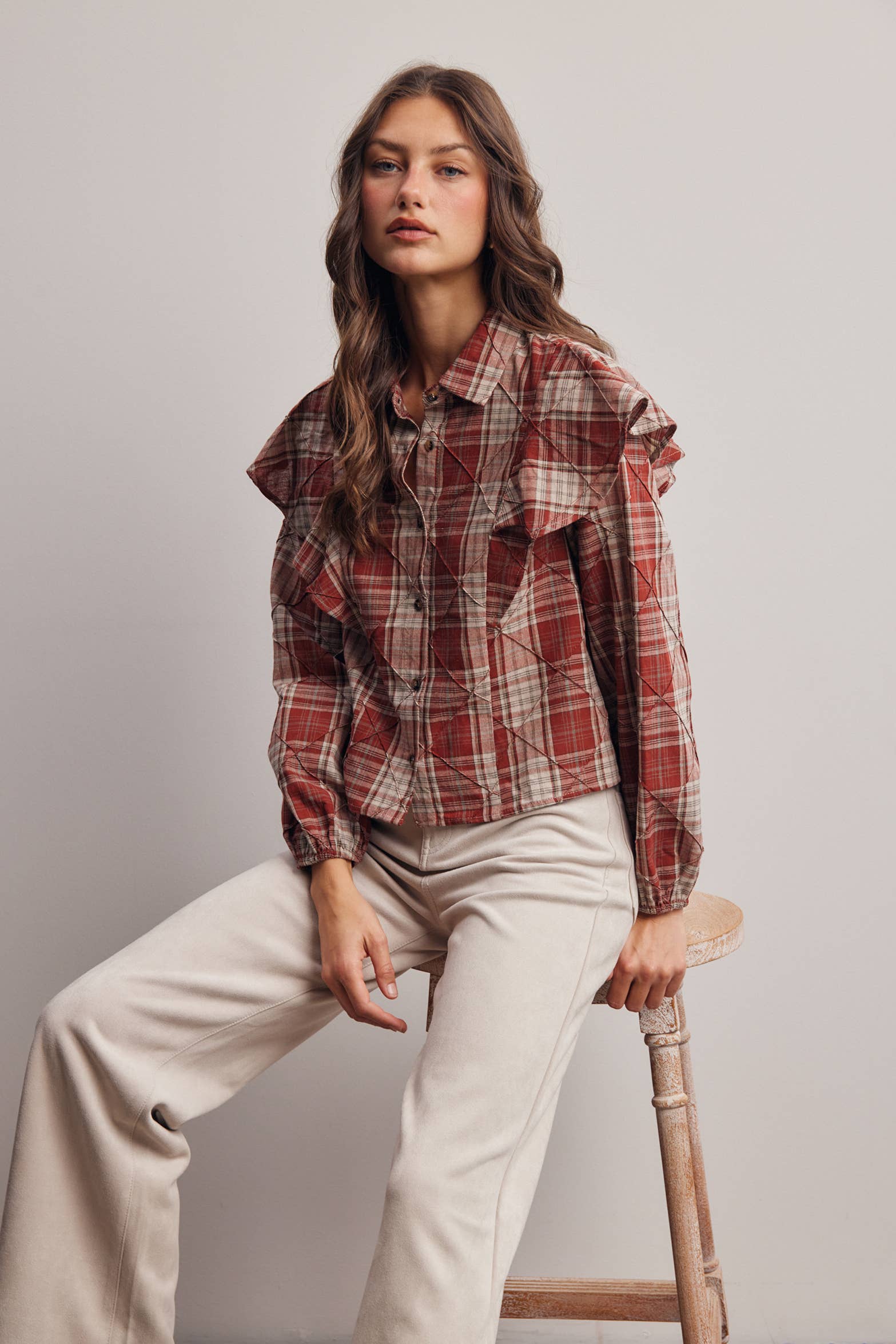 Plaid Ruffle Quilted Blouse