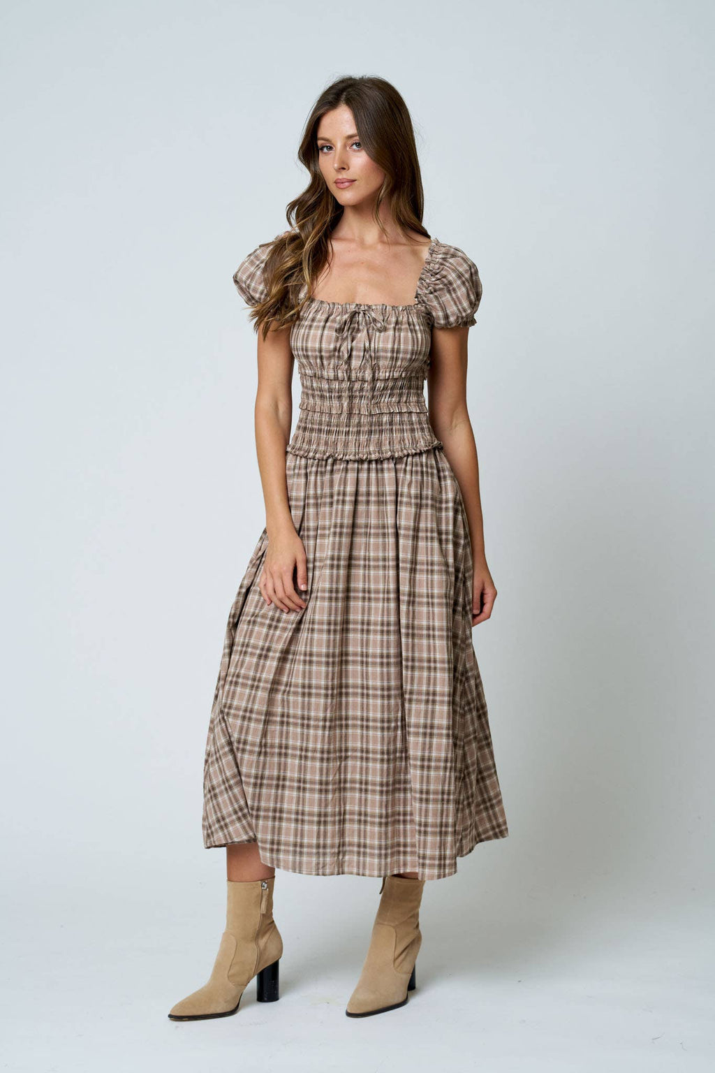 PLAID PUFF SLEEVE RUFFLED SMOCKED WAIST MIDI DRESS