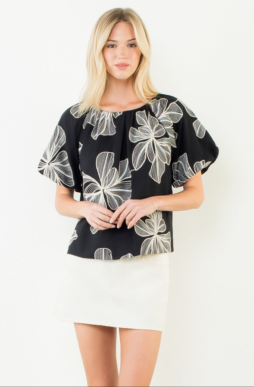 THML Puff Sleeve floral embroidery detail top