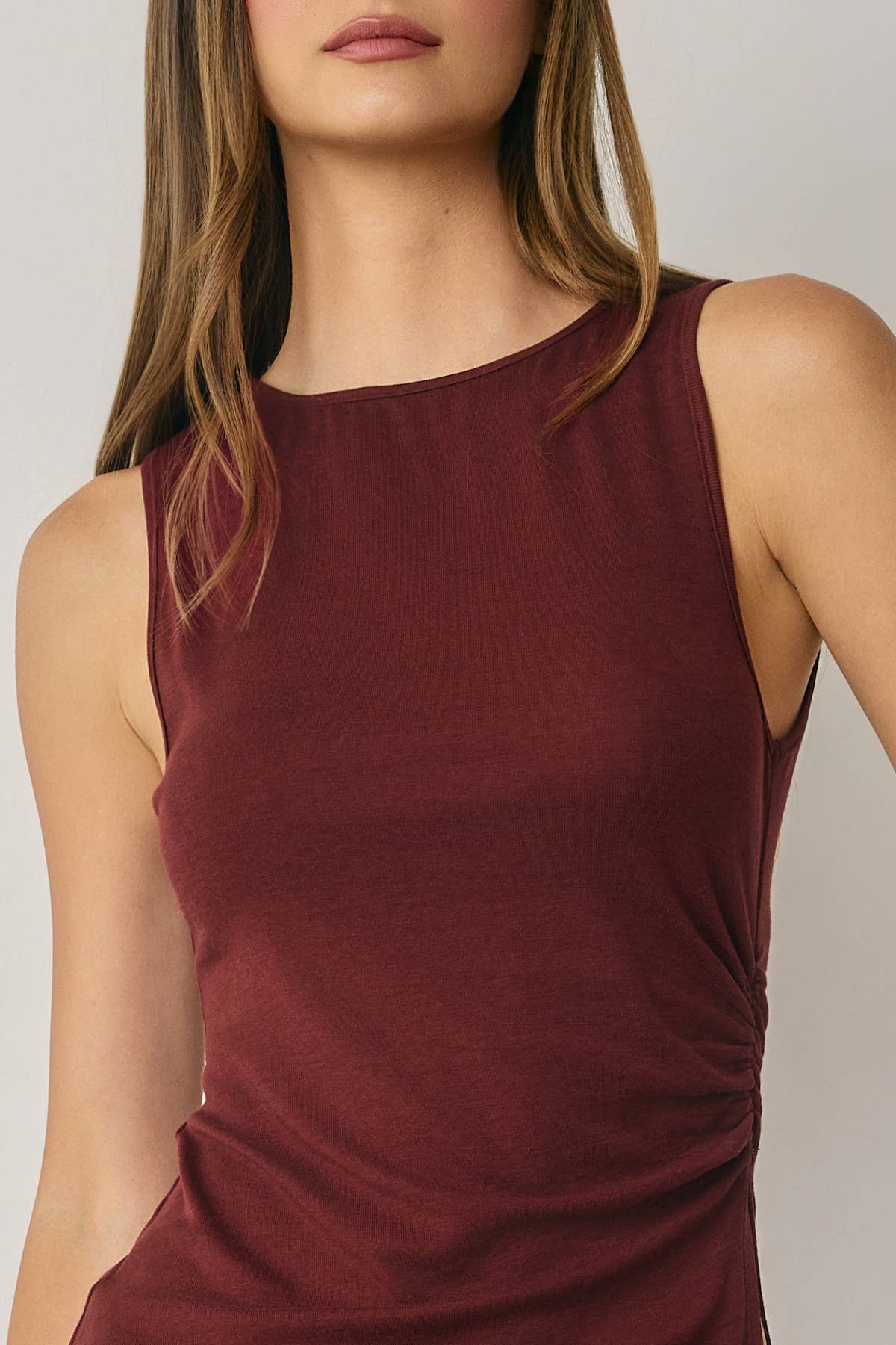 Ruched Ribbed Knit Slit Tank